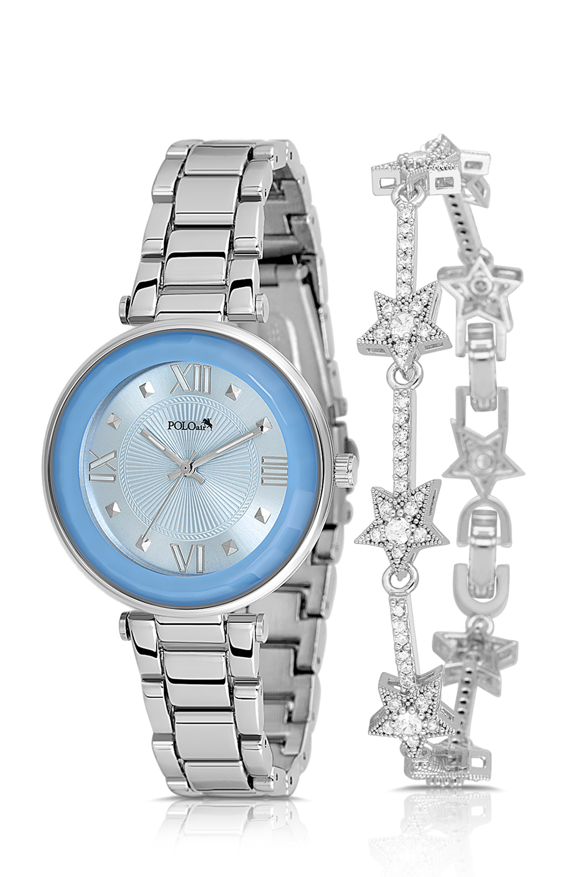 Kadın Kol Saati Yıldız Bileklik Kombin Gümüş Mavi Renk Pl-1569B3 Mavi Pl-1569B3