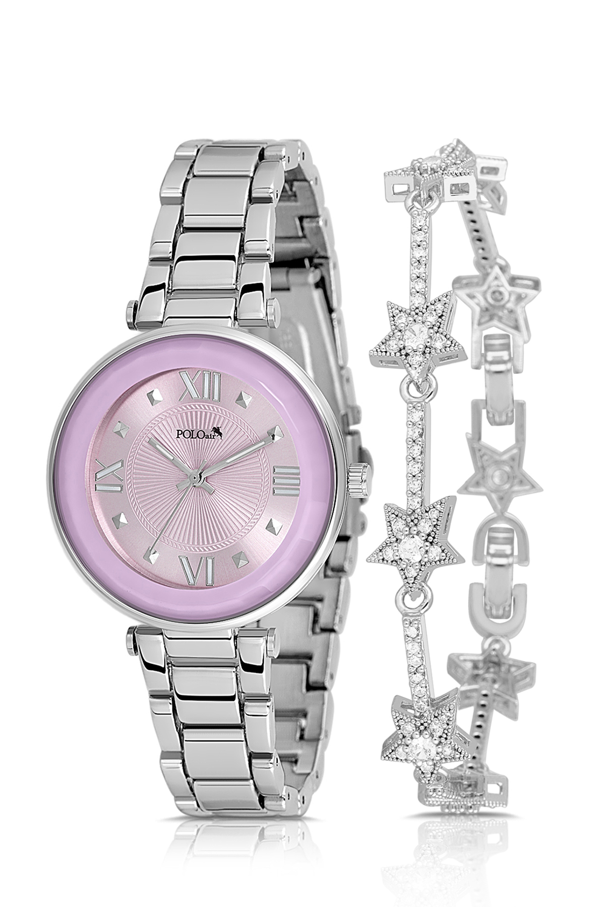 Kadın Kol Saati Yıldız Bileklik Kombin Gümüş Mor Renk Pl-1569B5 Mor Pl-1569B5