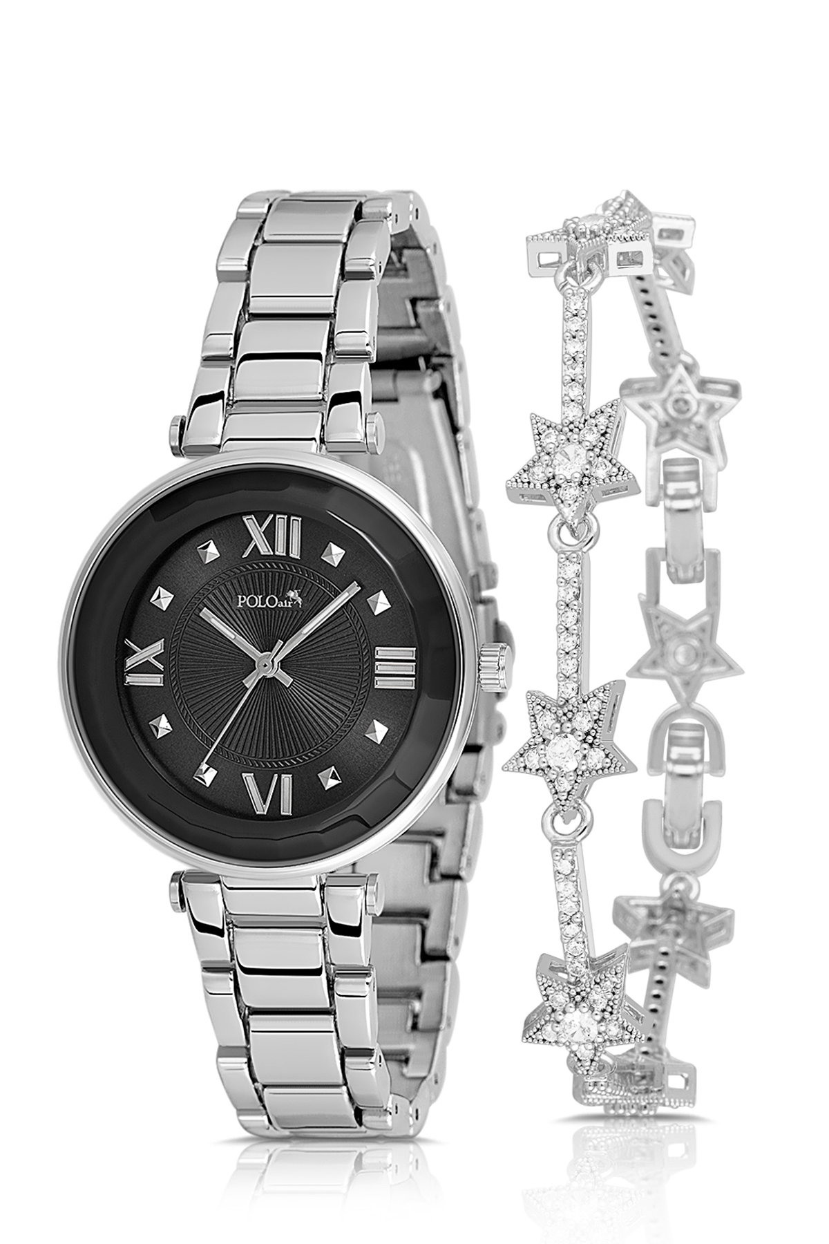 Kadın Kol Saati Yıldız Bileklik Kombin Gümüş Siyah Renk Pl-1569B1 Siyah - Gümüş Pl-1569B1