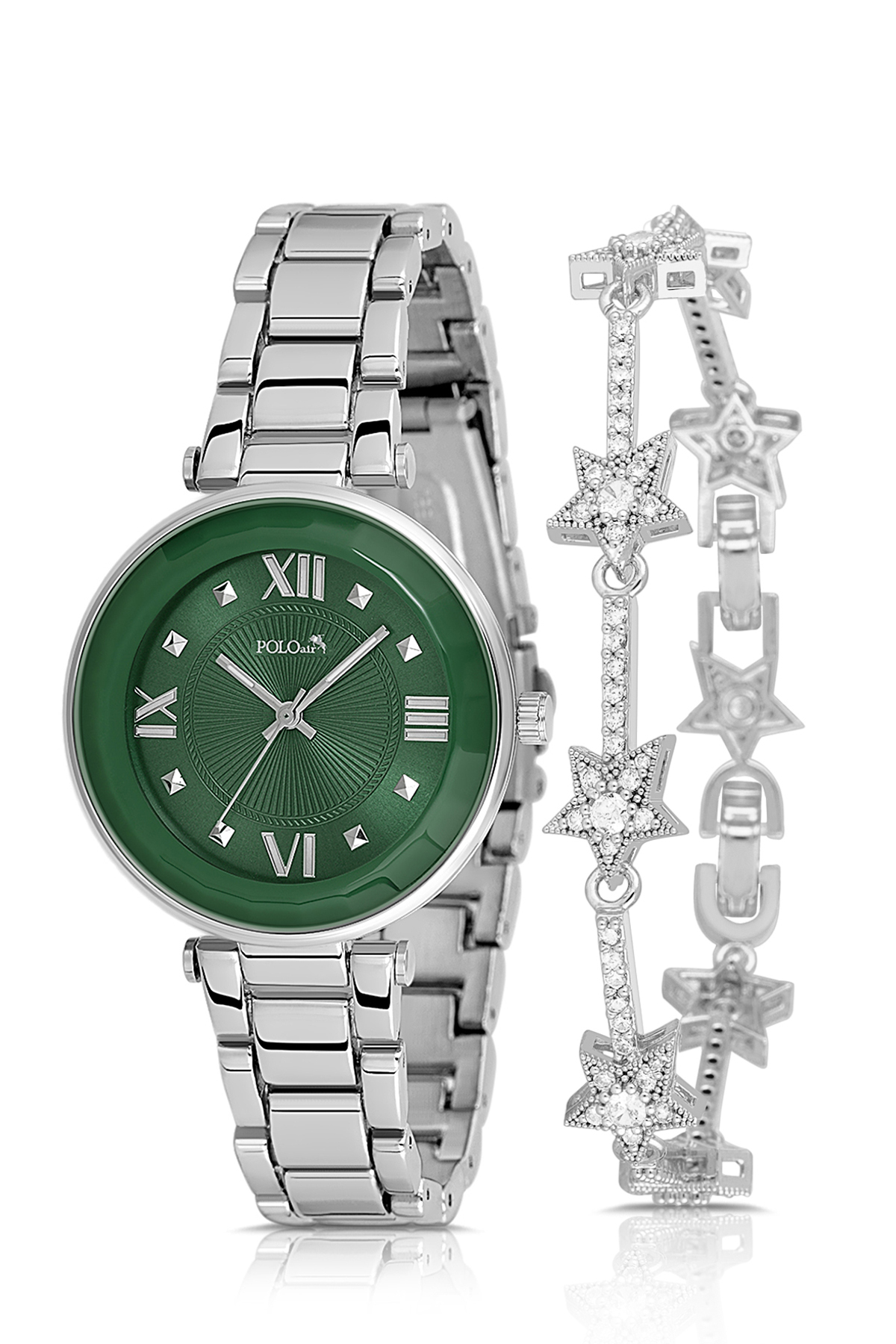 Kadın Kol Saati Yıldız Bileklik Kombin Gümüş Yeşil Renk Pl-1569B4 Yeşil Pl-1569B4