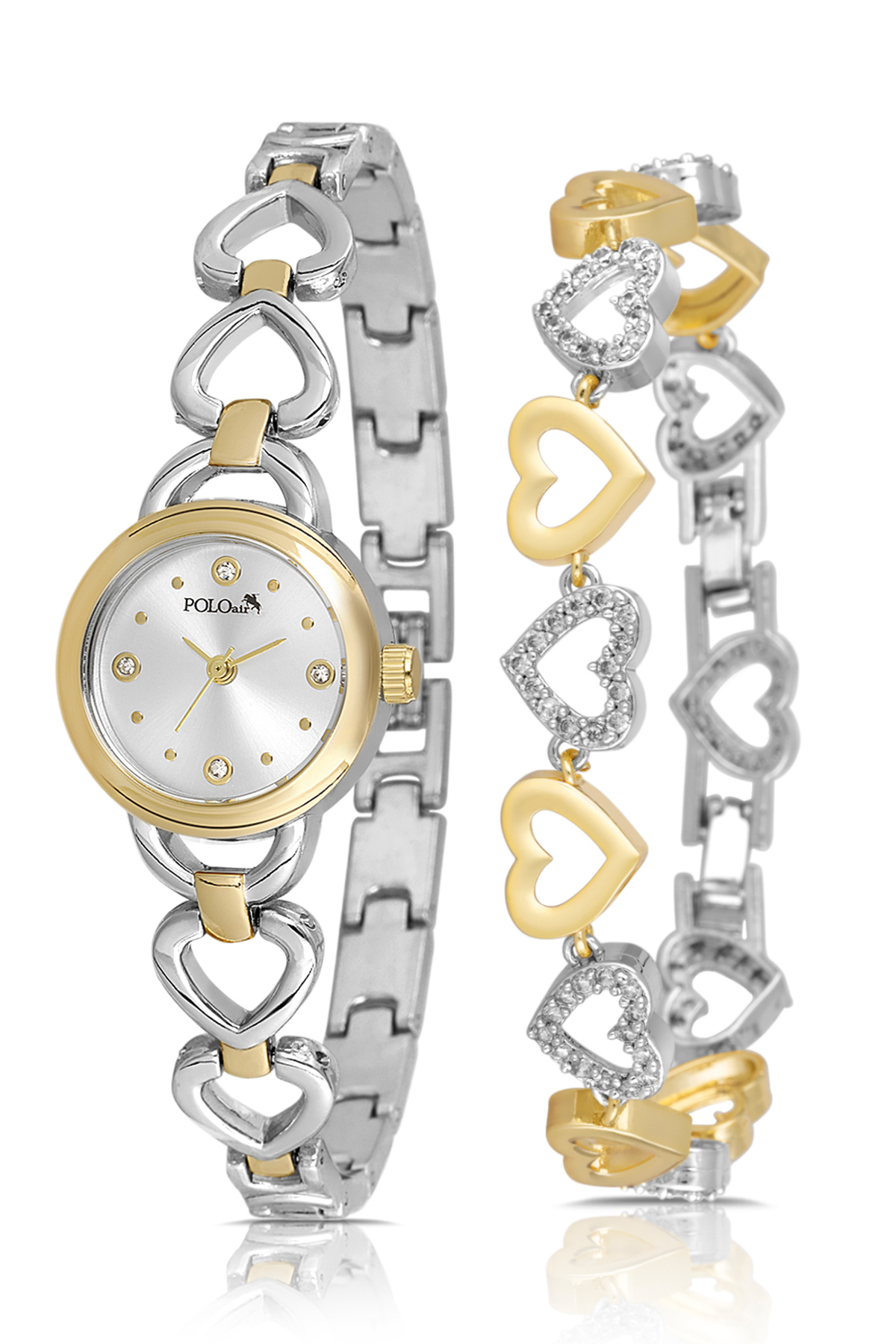 Kalp Detaylı Zarif Kadın Kol Saati Kalp Bileklik Kombin Gold Gümüş Renk Pl-1570B3 Gümüş Pl-1570B3