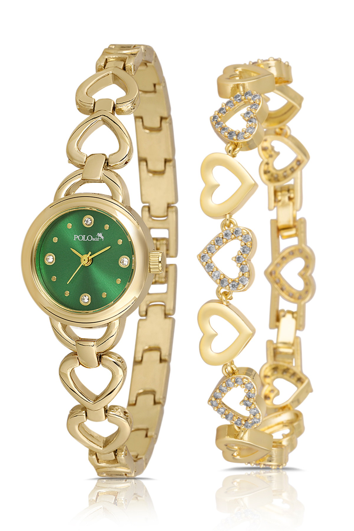 Kalp Detaylı Zarif Kadın Kol Saati Kalp Bileklik Kombin Gold Yeşil Renk Pl-1570B1 Yeşil Pl-1570B1