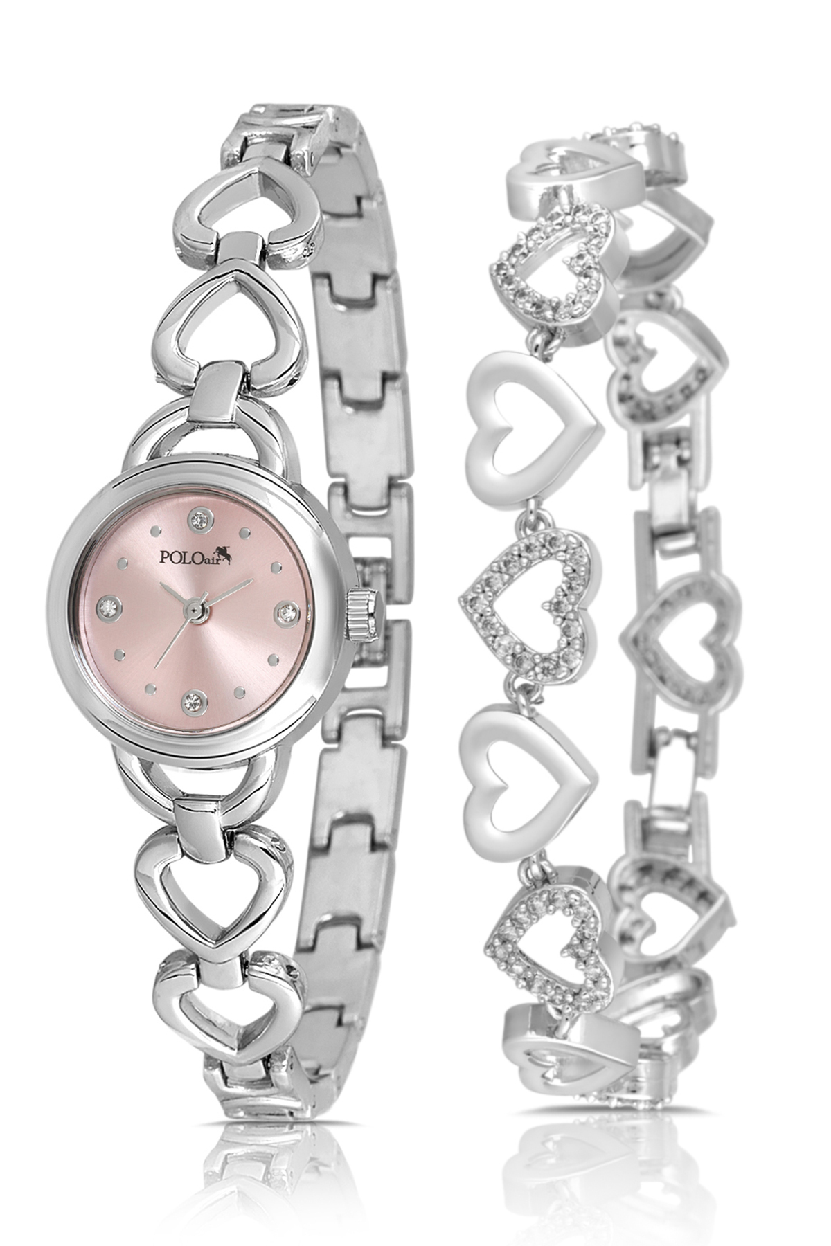 Kalp Detaylı Zarif Kadın Kol Saati Kalp Bileklik Kombin Gümüş Pembe Renk Pl-1570B4 Pembe Pl-1570B4