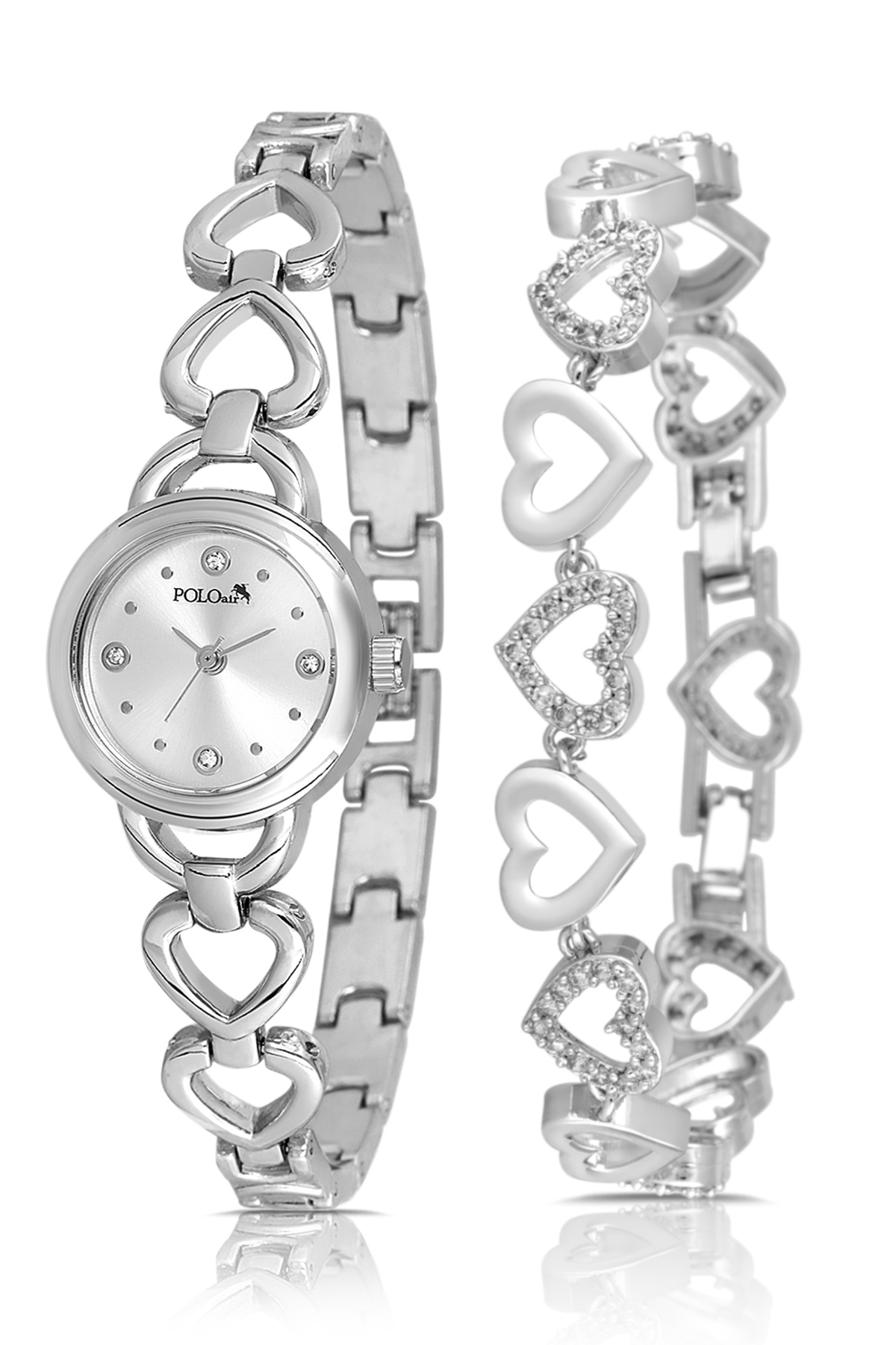Kalp Detaylı Zarif Kadın Kol Saati Kalp Bileklik Kombin Gümüş Renk Pl-1570B2 Gümüş Pl-1570B2