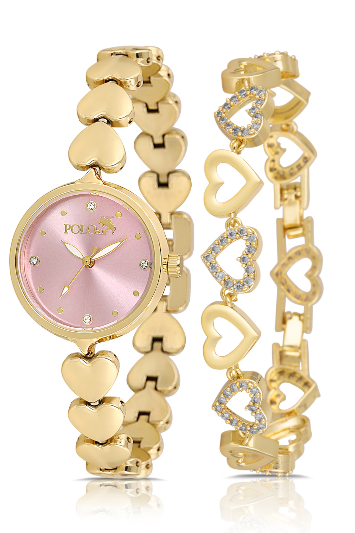Kalp Kordon Kadın Kol Saati Kalp Bileklik Kombin Gold Pembe Renk Pl-1556B4 Pembe Pl-1556B4