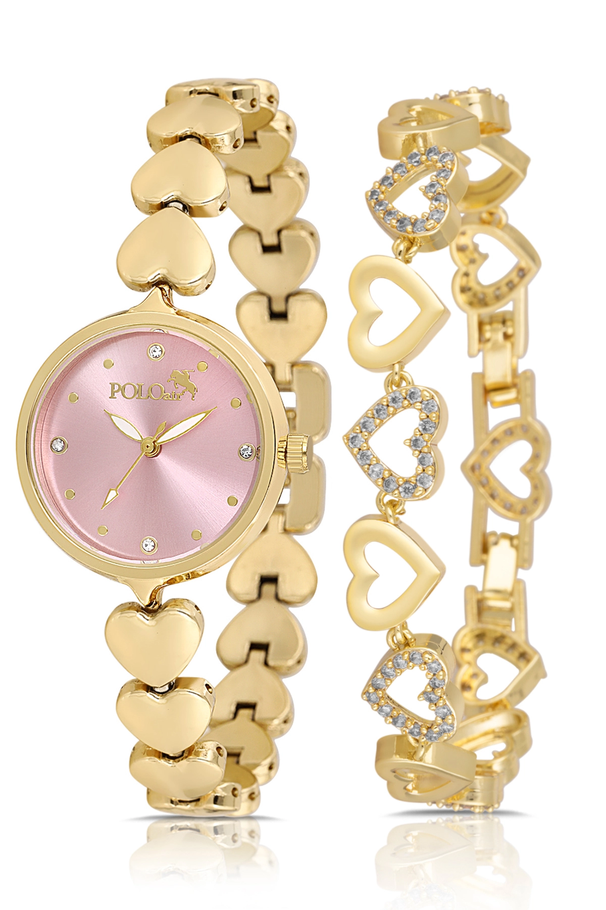 Kalp Kordon Kadın Kol Saati Kalp Bileklik Kombin Gold Pembe Renk Pl-1556B4 Pembe Pl-1556B4