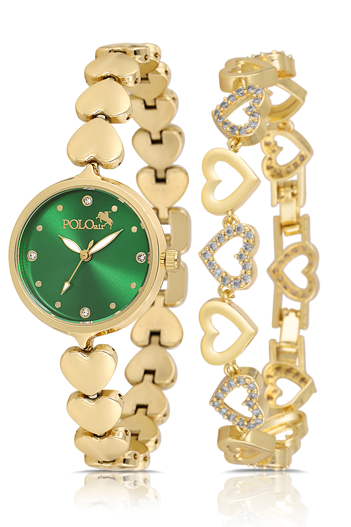 Kalp Kordon Kadın Kol Saati Kalp Bileklik Kombin Gold Yeşil Renk Pl-1556B1 Gold - Yeşil Pl-1556B1