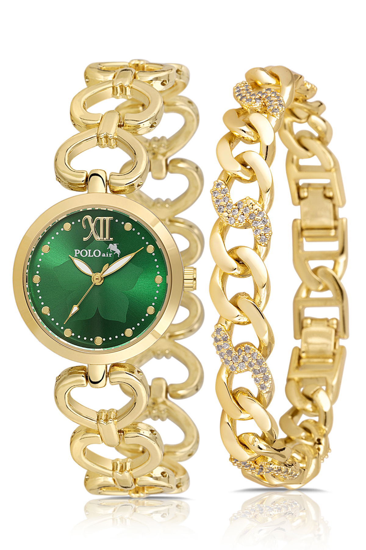 Kalpli Kadın Kol Saati Halka Bileklik Kombin Gold Yeşil Renk Pl-1558B1 Altın Pl-1558B1