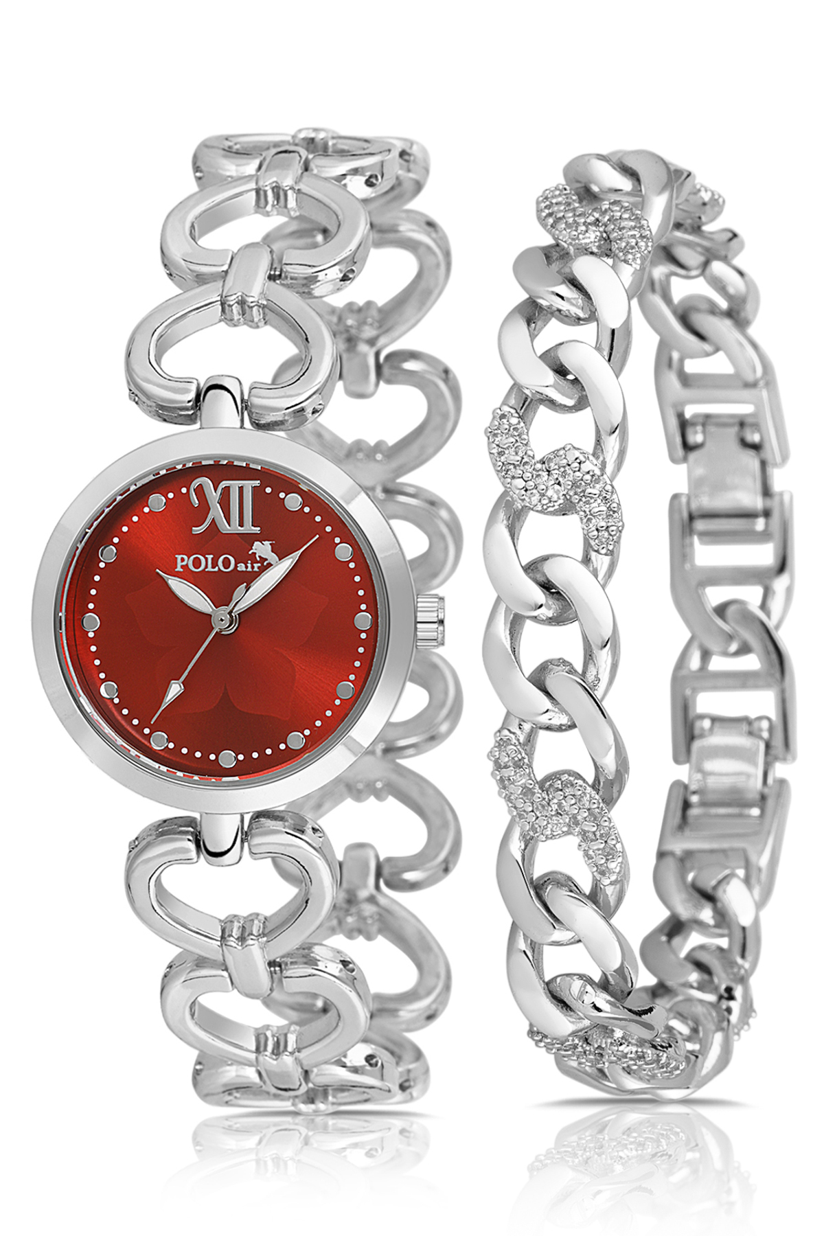 Kalpli Kadın Kol Saati Halka Bileklik Kombin Gümüş Kırmızı Renk Pl-1558B6 Kırmızı Pl-1558B6