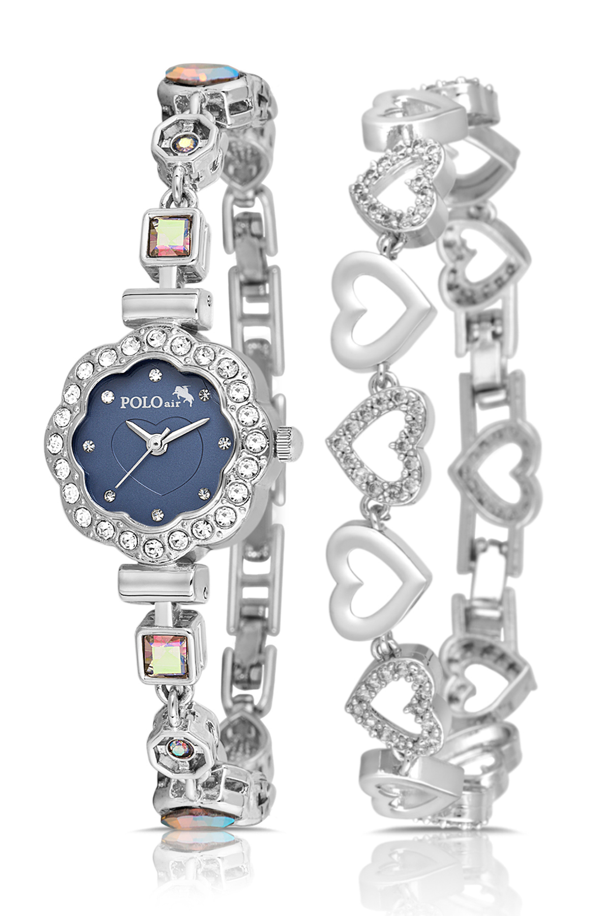 Kalpli Kadran Kadın Kol Saati Kalp Bileklik Kombin Gümüş Lacivert Renk Pl-1575B3 Lacivert - Gümüş Pl-1575B3