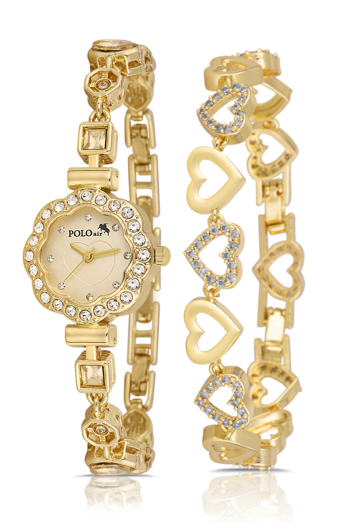 Kalpli Kadran Lüx Taşlı Kadın Kol Saati Kalp Bileklik Kombin Gold Renk Pl-1575B1 Altın Pl-1575B1