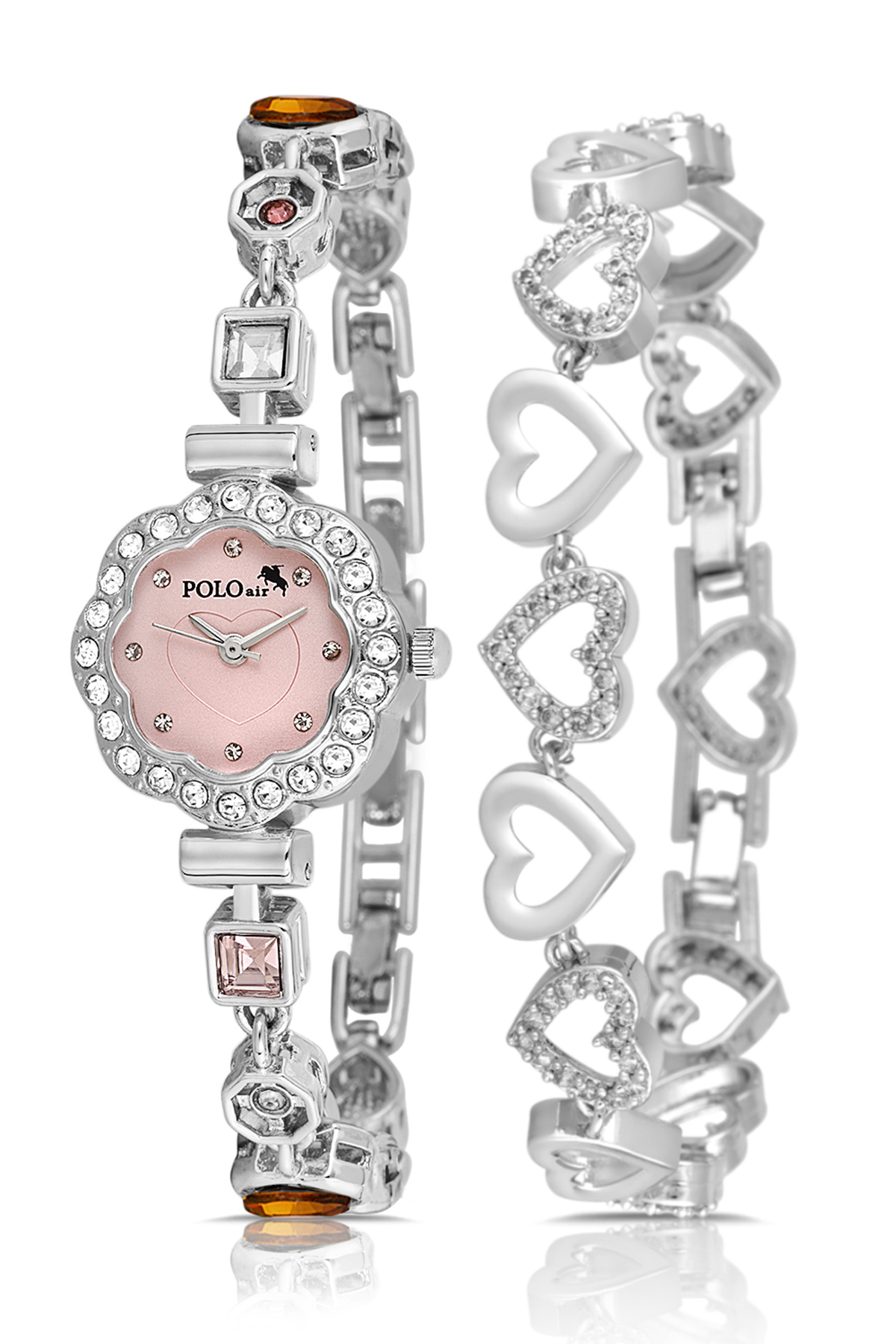 Kalpli Kadran Lüx Taşlı Kadın Kol Saati Kalp Bileklik Kombin Gümüş Pembe Renk Pl-1575B2 Pembe Pl-1575B2