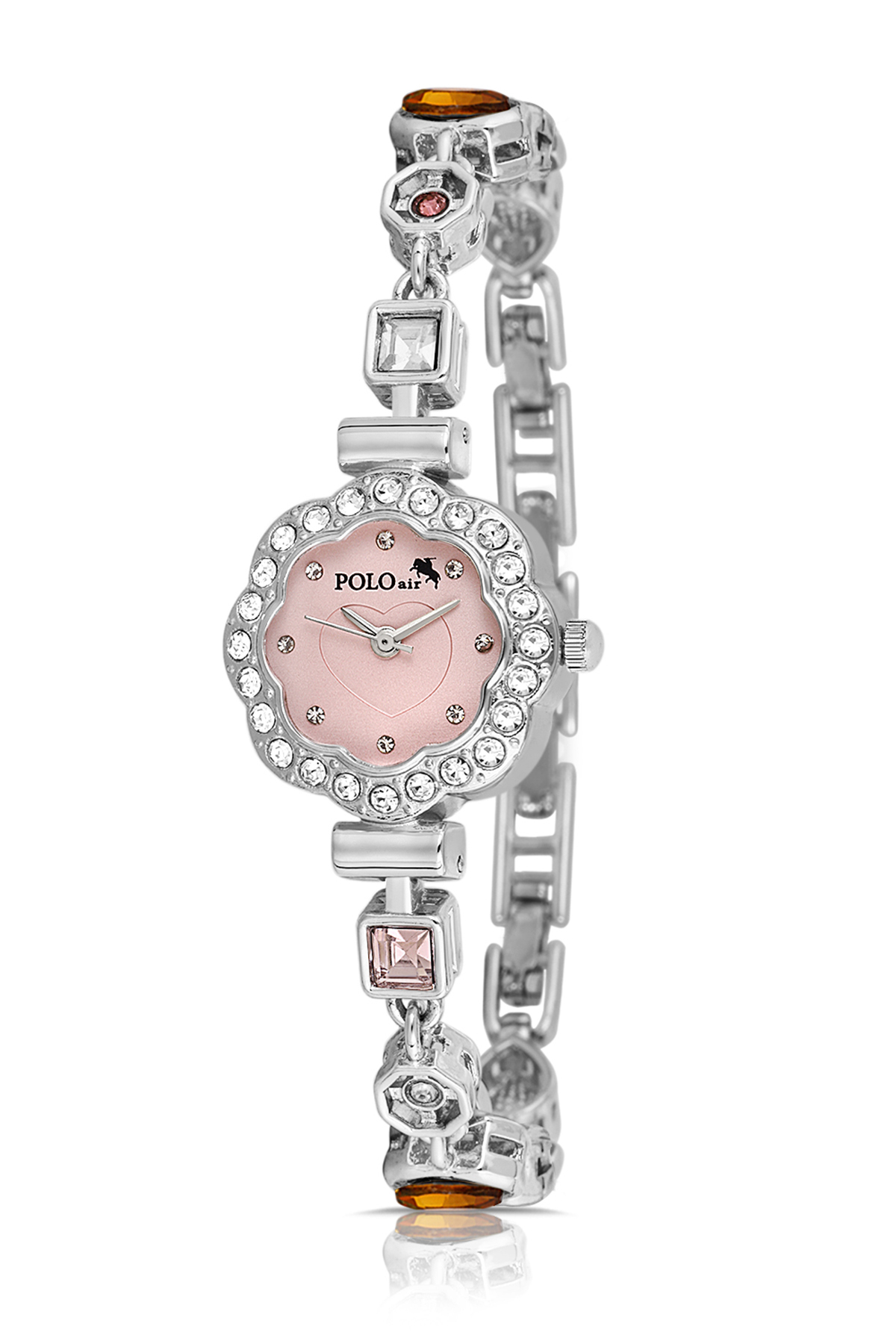 Kalpli Kadran Lüx Taşlı Kadın Kol Saati Kalp Bileklik Kombin Gümüş Pembe Renk Pl-1575B2 Pembe Pl-1575B2