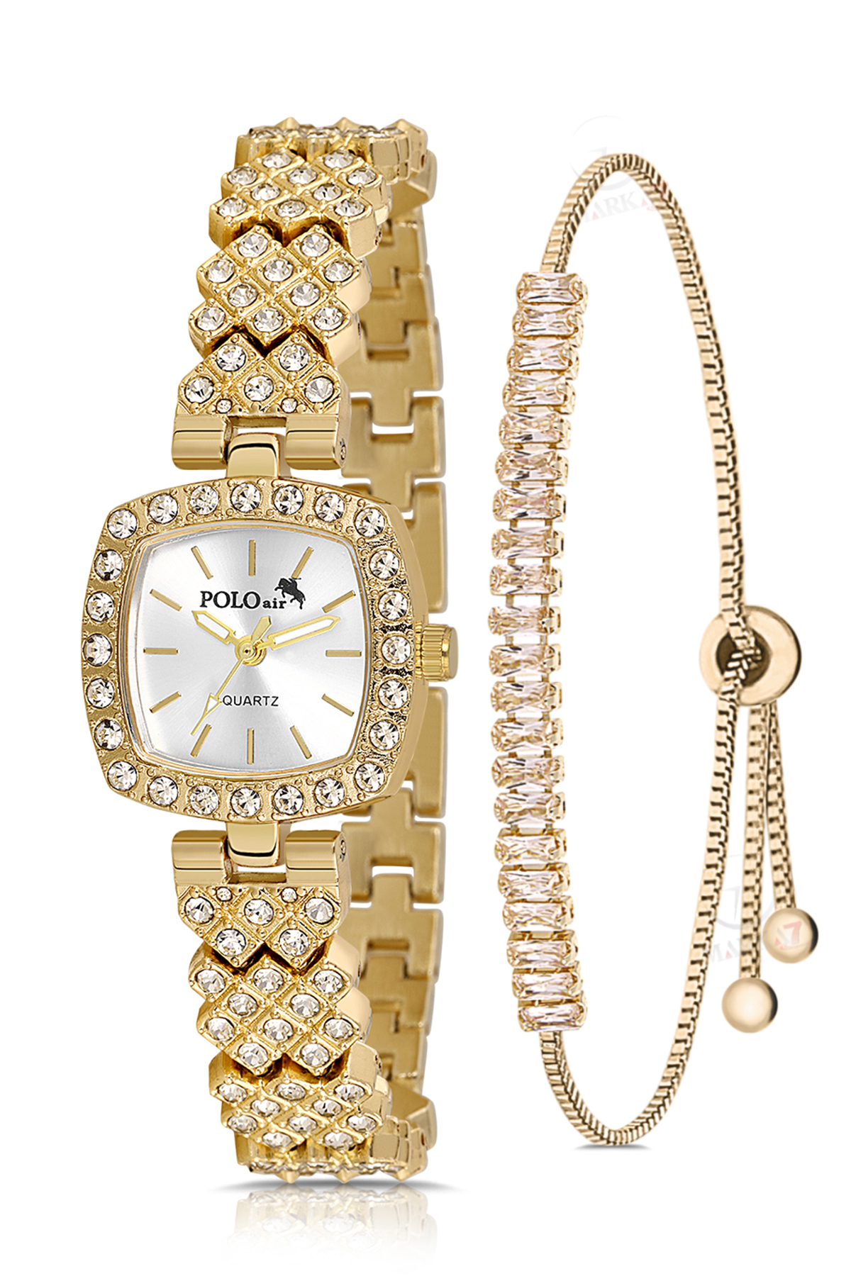 Kare Kasa Lüx Taşlı Kadın Kol Saati Zirkon Taşlı Baget Bileklik Kombin Gold Renk Pl-1585B1 Altın Pl-1585B1