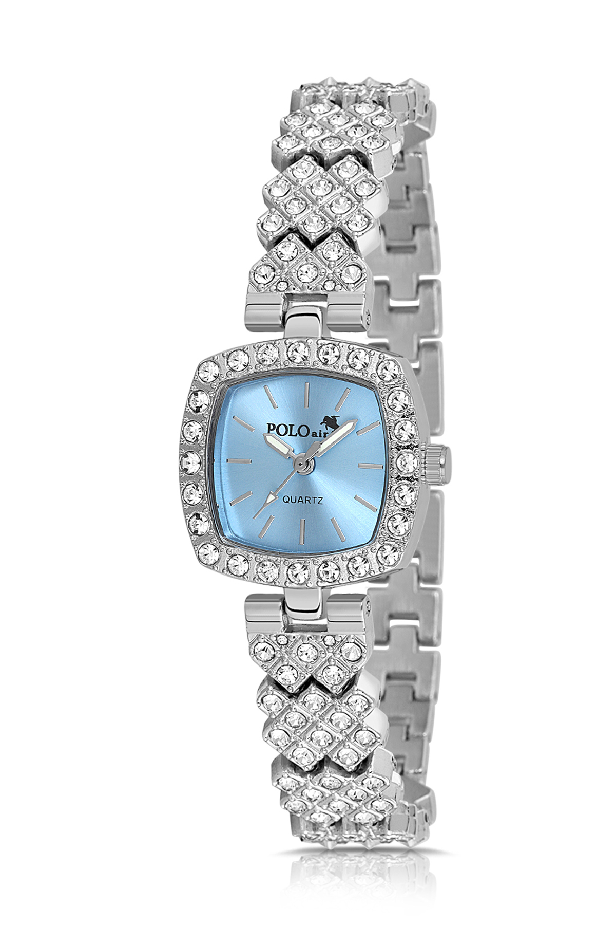 Kare Kasa Lüx Taşlı Kadın Kol Saati Zirkon Taşlı Baget Bileklik Kombin Gümüş Mavi Renk Pl-1585B5 Mavi Pl-1585B5