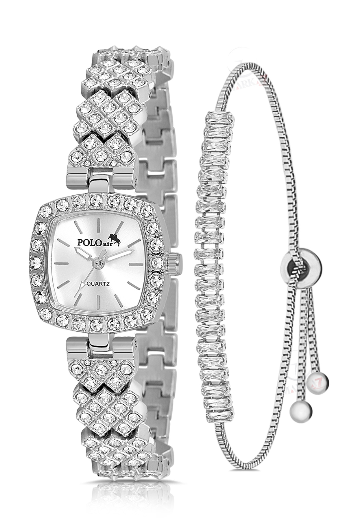 Kare Kasa Lüx Taşlı Kadın Kol Saati Zirkon Taşlı Baget Bileklik Kombin Gümüş Renk Pl-1585B2 Gümüş Pl-1585B2