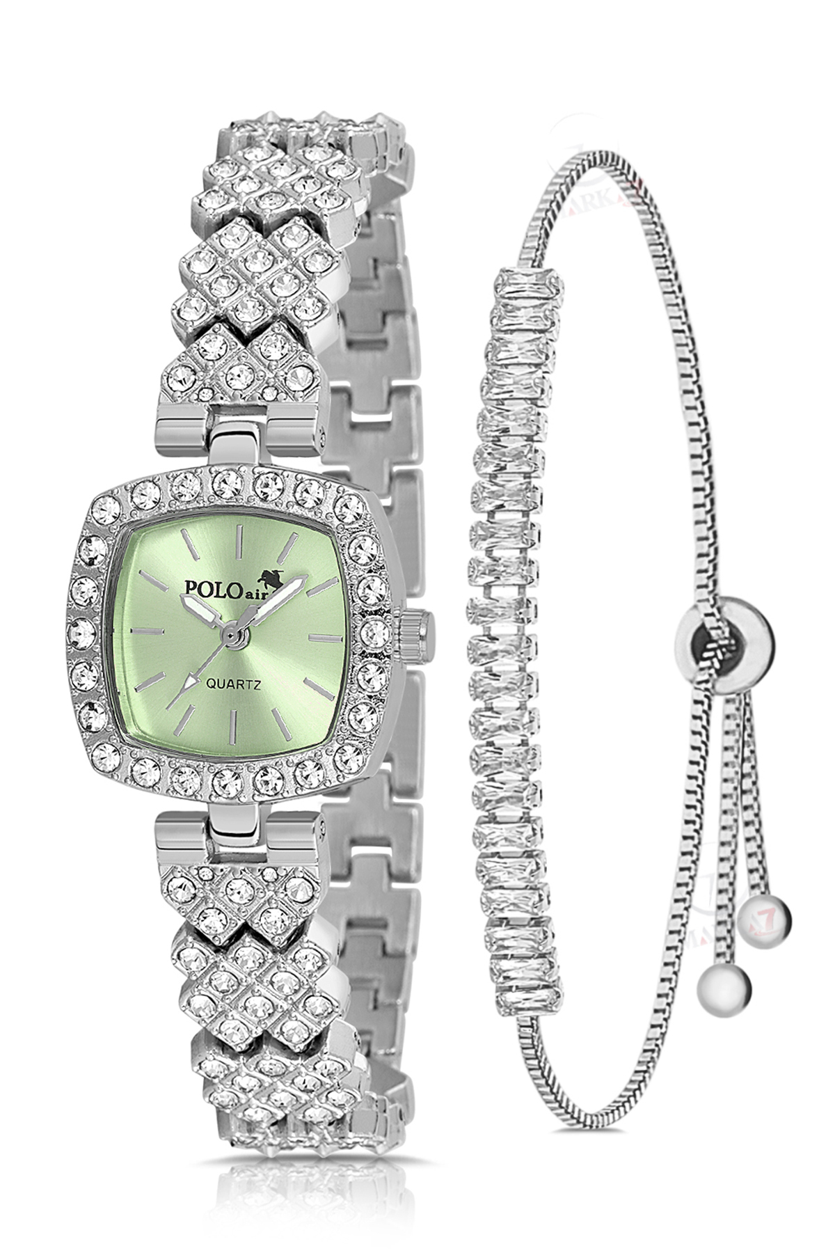 Kare Kasa Lüx Taşlı Kadın Kol Saati Zirkon Taşlı Baget Bileklik Kombin Gümüş Yeşil Renk Pl-1585B4 Yeşil - Gümüş Pl-1585B4