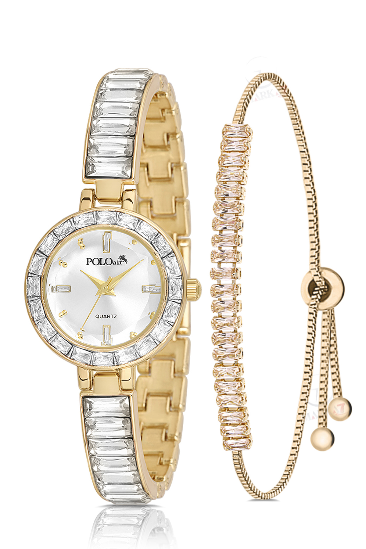 Kelepçe Kadın Kol Saati Zirkon Taşlı Baget Bileklik Kombin Gold Gümüş Renk Pl-1582B1 Altın Pl-1582B1