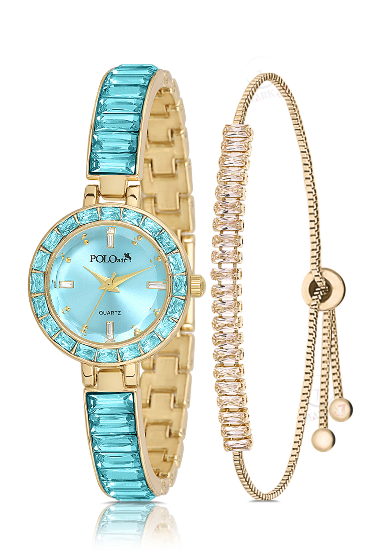 Kelepçe Kadın Kol Saati Zirkon Taşlı Baget Bileklik Kombin Gold Mavi Renk Pl-1582B5 Yeşil Pl-1582B5