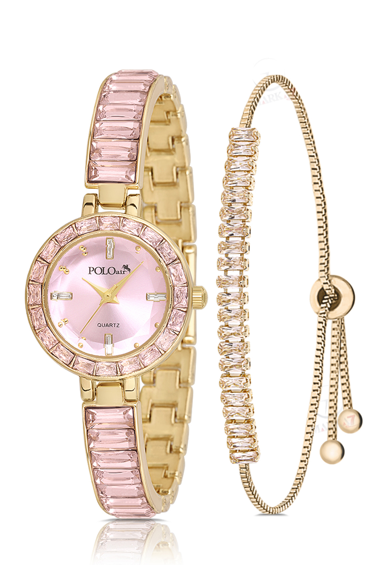 Kelepçe Kadın Kol Saati Zirkon Taşlı Baget Bileklik Kombin Gold Pembe Renk Pl-1582B4 Pembe - Gold Pl-1582B4