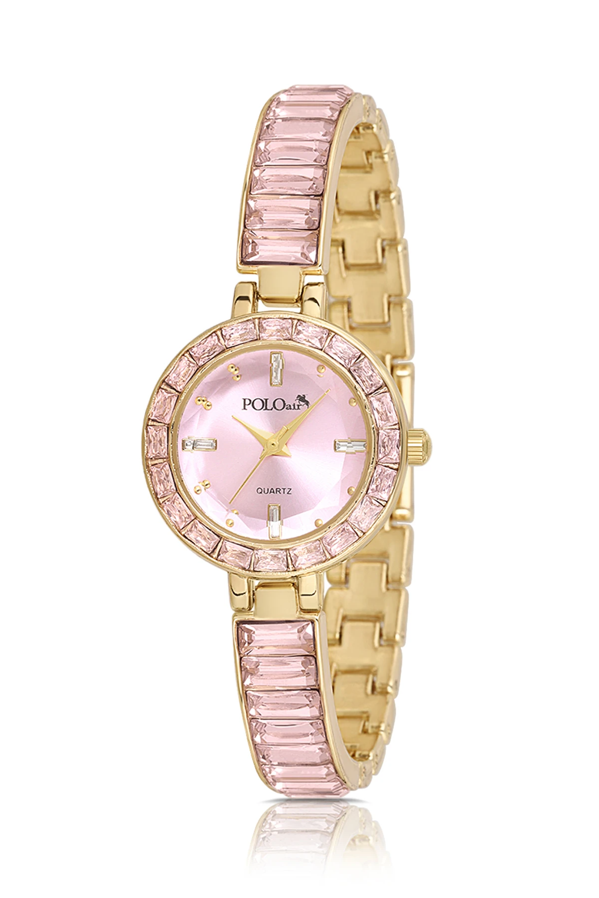 Kelepçe Kadın Kol Saati Zirkon Taşlı Baget Bileklik Kombin Gold Pembe Renk Pl-1582B4 Pembe - Gold Pl-1582B4