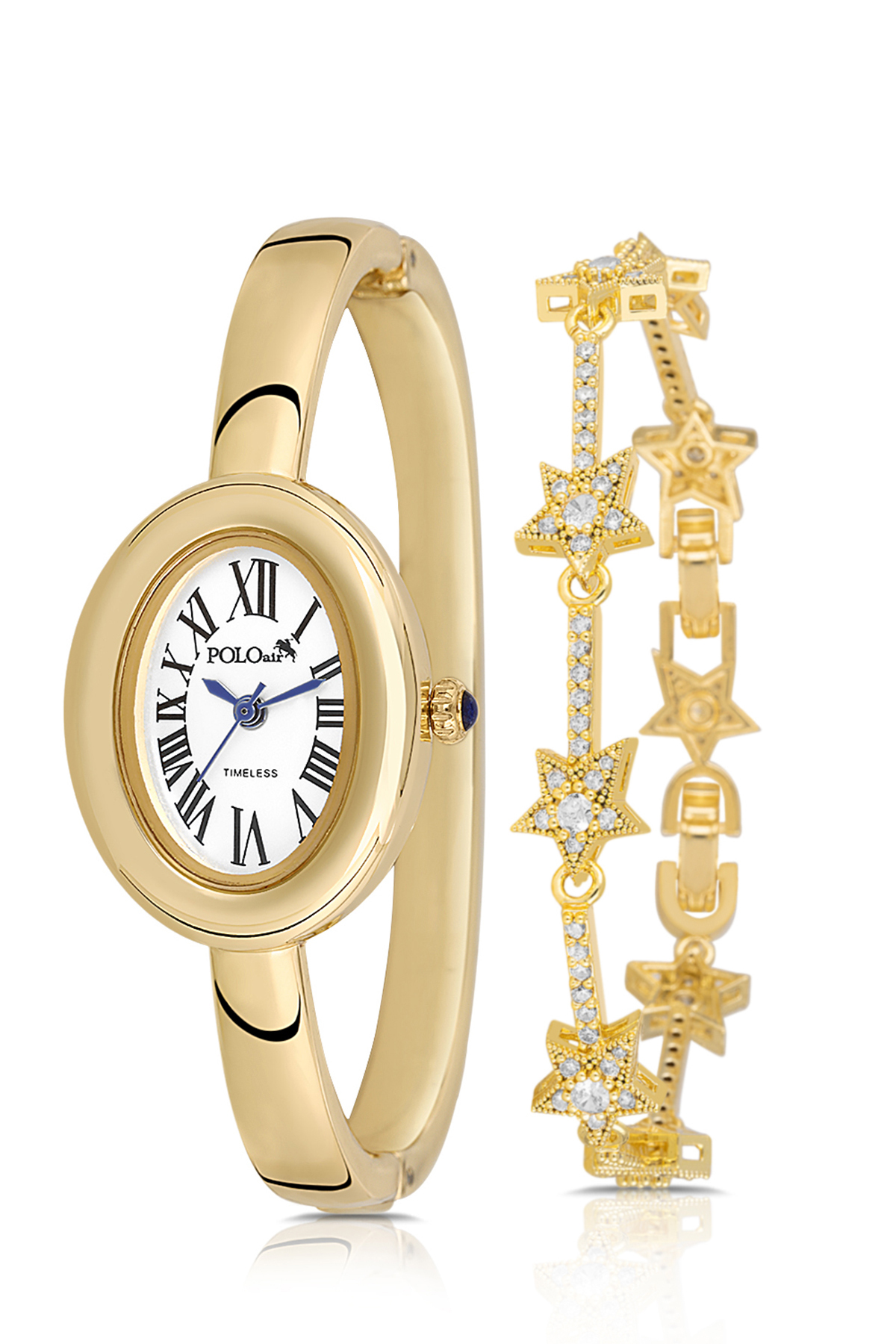 Kelepçeli Oval Kasa Kadın Kol Saati Yıldız Bileklik Kombin Gold Renk Pl-1589B1 Altın Pl-1589B1