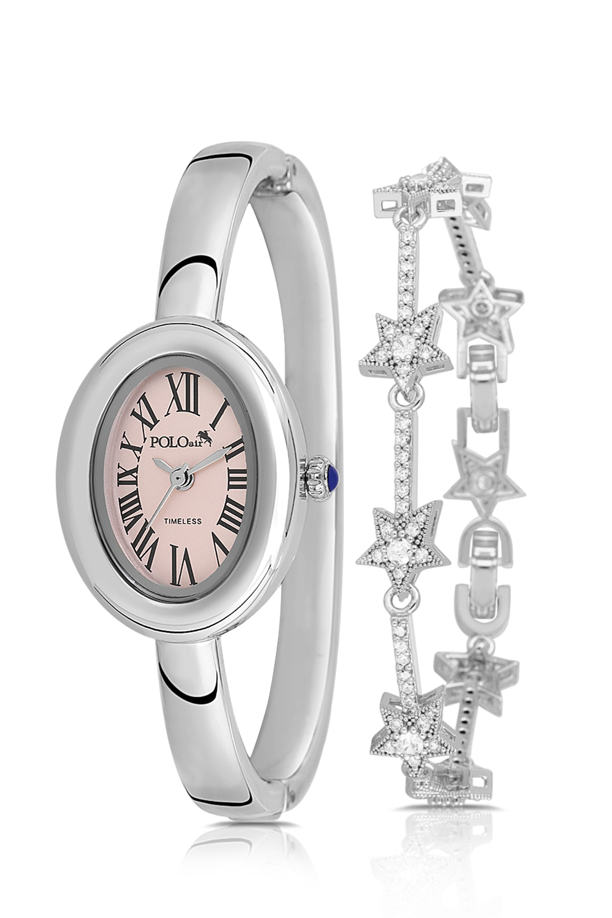 Kelepçeli Oval Kasa Kadın Kol Saati Yıldız Bileklik Kombin Gümüş Pembe Renk Pl-1589B3 Pembe Pl-1589B3