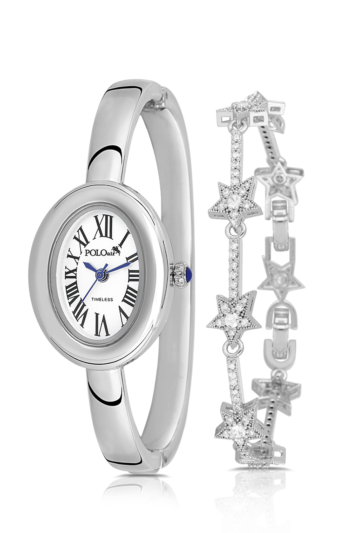 Kelepçeli Oval Kasa Kadın Kol Saati Yıldız Bileklik Kombin Gümüş Renk Pl-1589B2 Gümüş Pl-1589B2