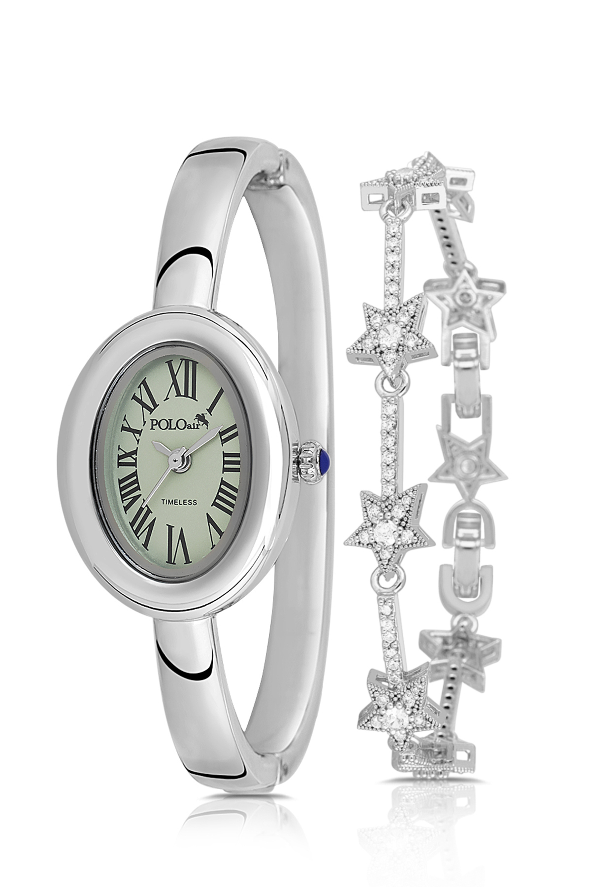 Kelepçeli Oval Kasa Kadın Kol Saati Yıldız Bileklik Kombin Gümüş Yeşil Renk Pl-1589B4 Yeşil Pl-1589B4