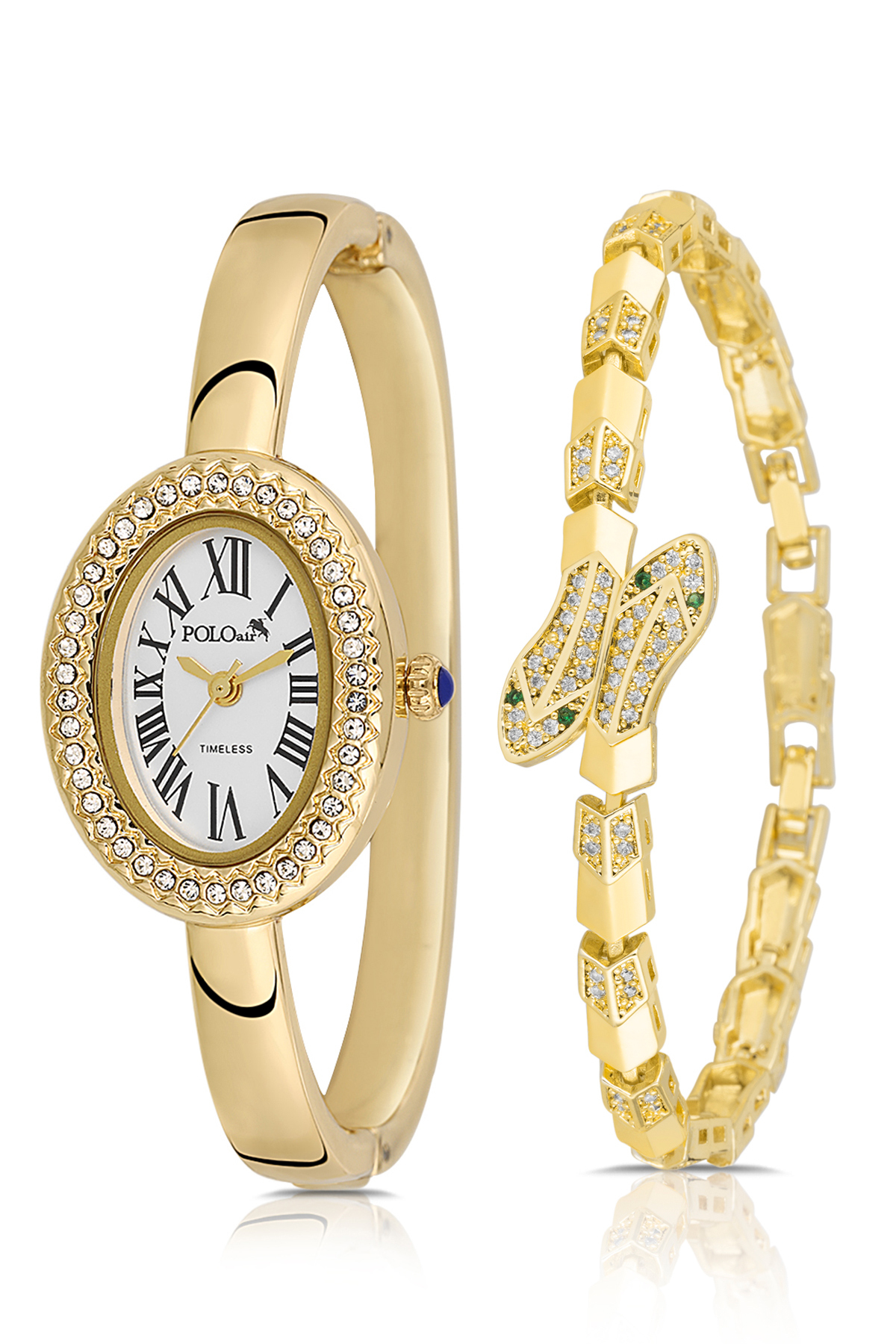 Kelepçeli Romen Rakamlı Kadın Kol Saati Yılan Bileklik Kombin Gold Renk Pl-1588B1 Altın Pl-1588B1