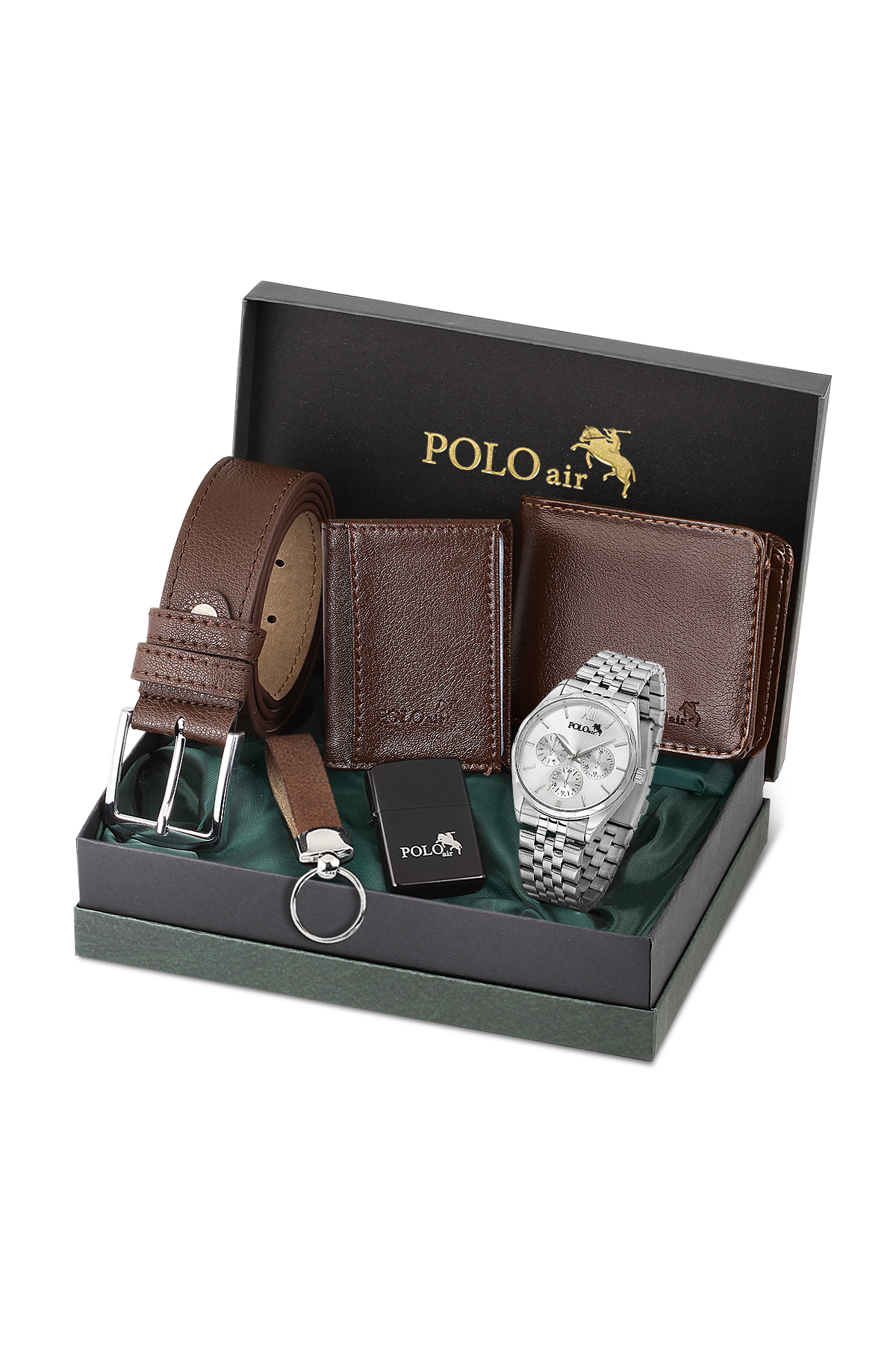 Klasik Cüzdan Kemer Kartlık Çakmak Anahtarlık Erkek Kol Saati Set Gümüş Kahverengi Renk Pl-7024E3 Gri Pl-7024E3