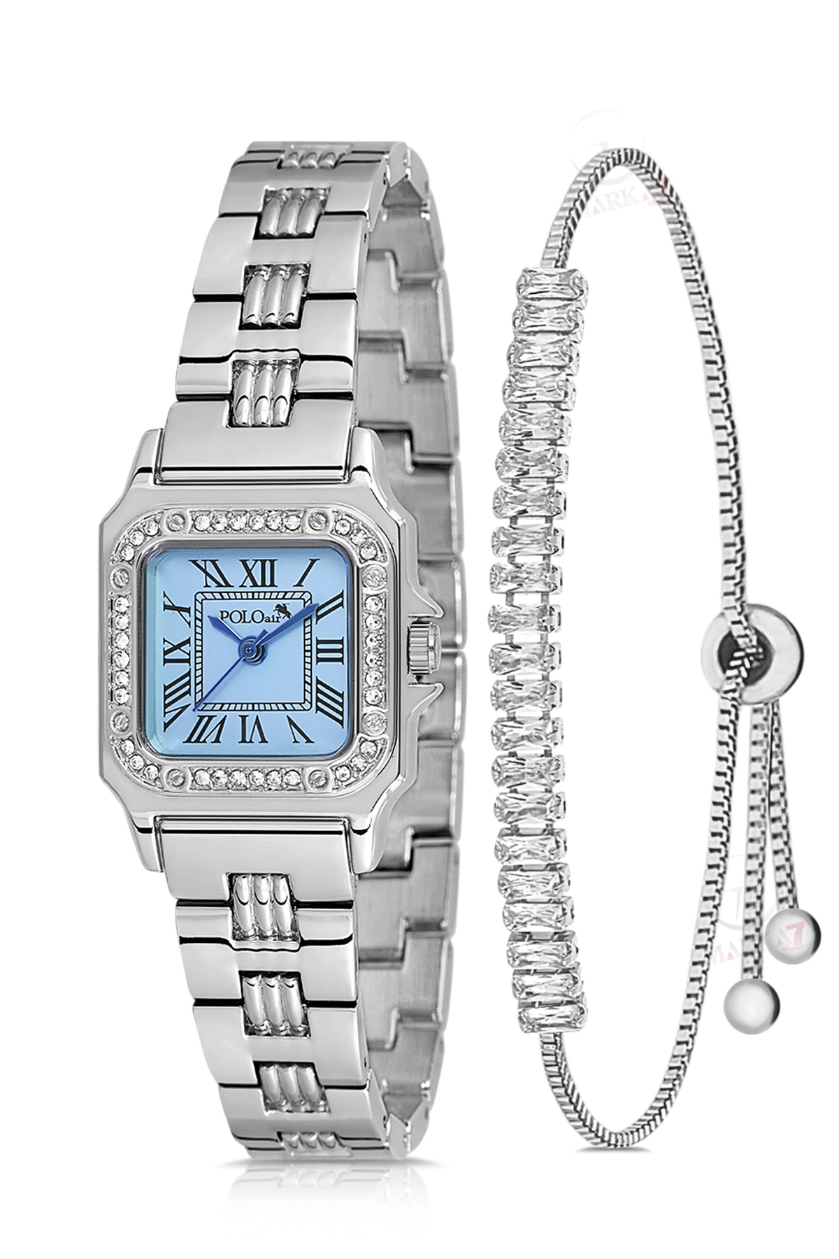 Klasik Kadın Kol Saati Zirkon Taşlı Baget Bileklik Kombin Gümüş Mavi Renk Pl-1565B4 Mavi Pl-1565B4