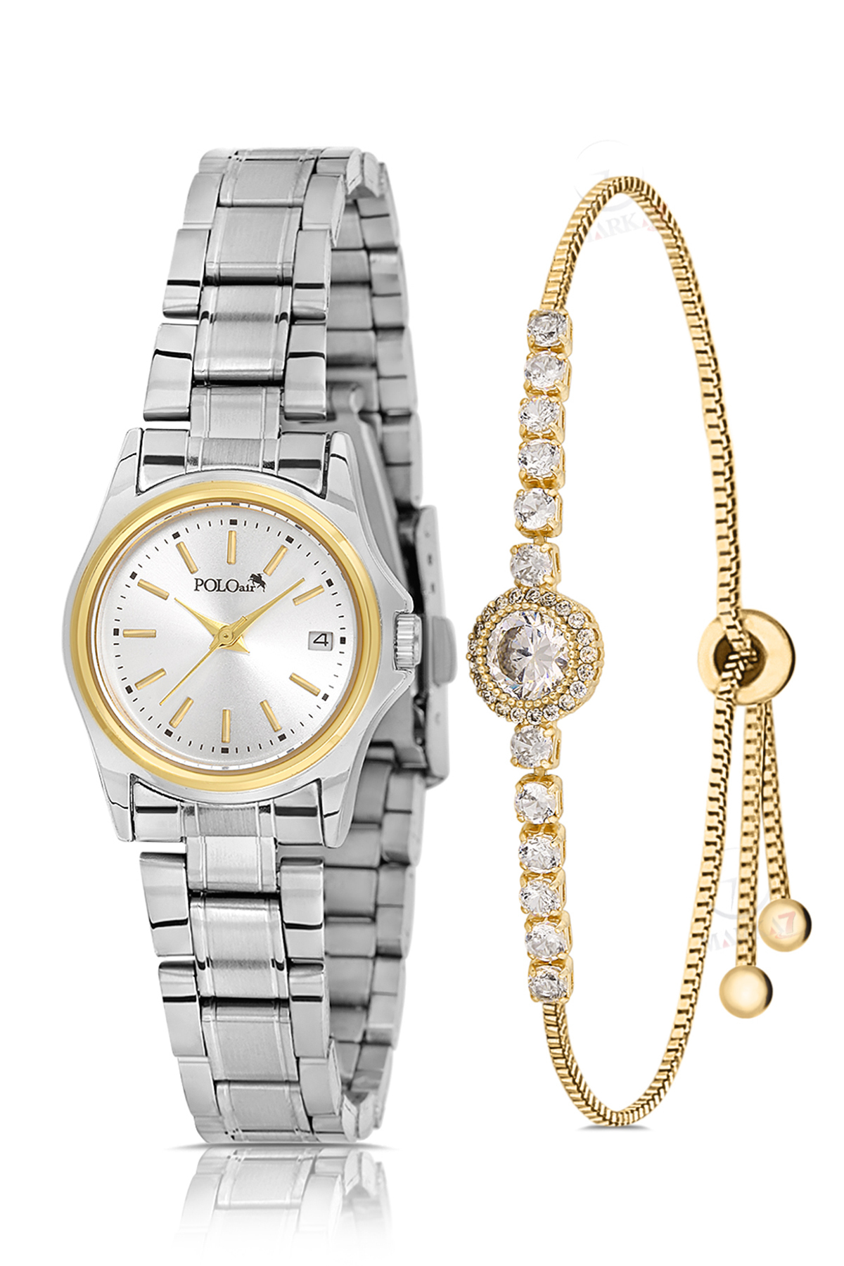 Klasik Takvimli Kadın Kol Saati Zirkon Taşlı Lüx Bileklik Kombin Gümüş Altın Renk Pl-1587B3 Altın - Gümüş Pl-1587B3