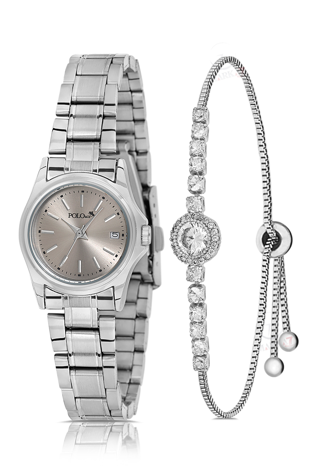 Klasik Takvimli Kadın Kol Saati Zirkon Taşlı Lüx Bileklik Kombin Gümüş Antrasit Renk Pl-1587B2 Gümüş - Antrasit Pl-1587B2