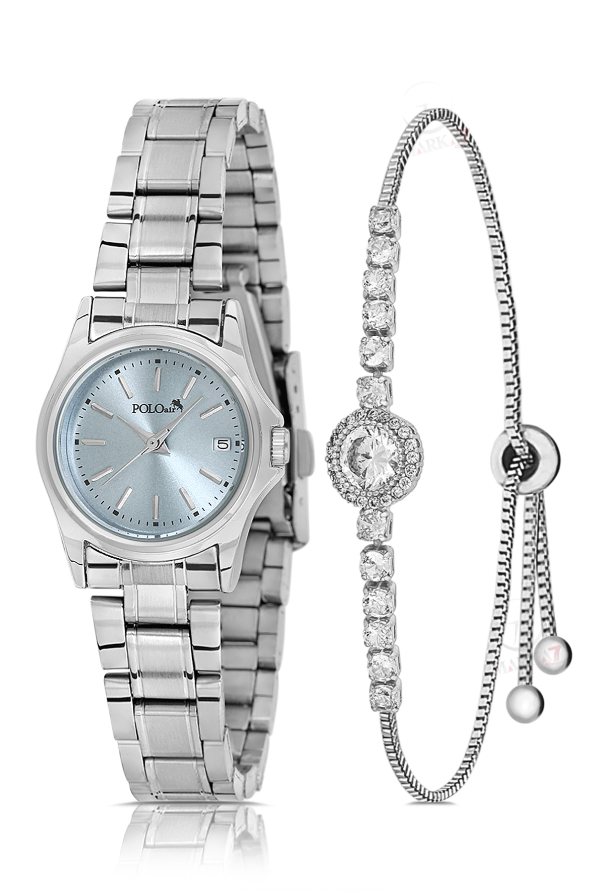 Klasik Takvimli Kadın Kol Saati Zirkon Taşlı Lüx Bileklik Kombin Gümüş Mavi Renk Pl-1587B5 Mavi - Gümüş Pl-1587B5