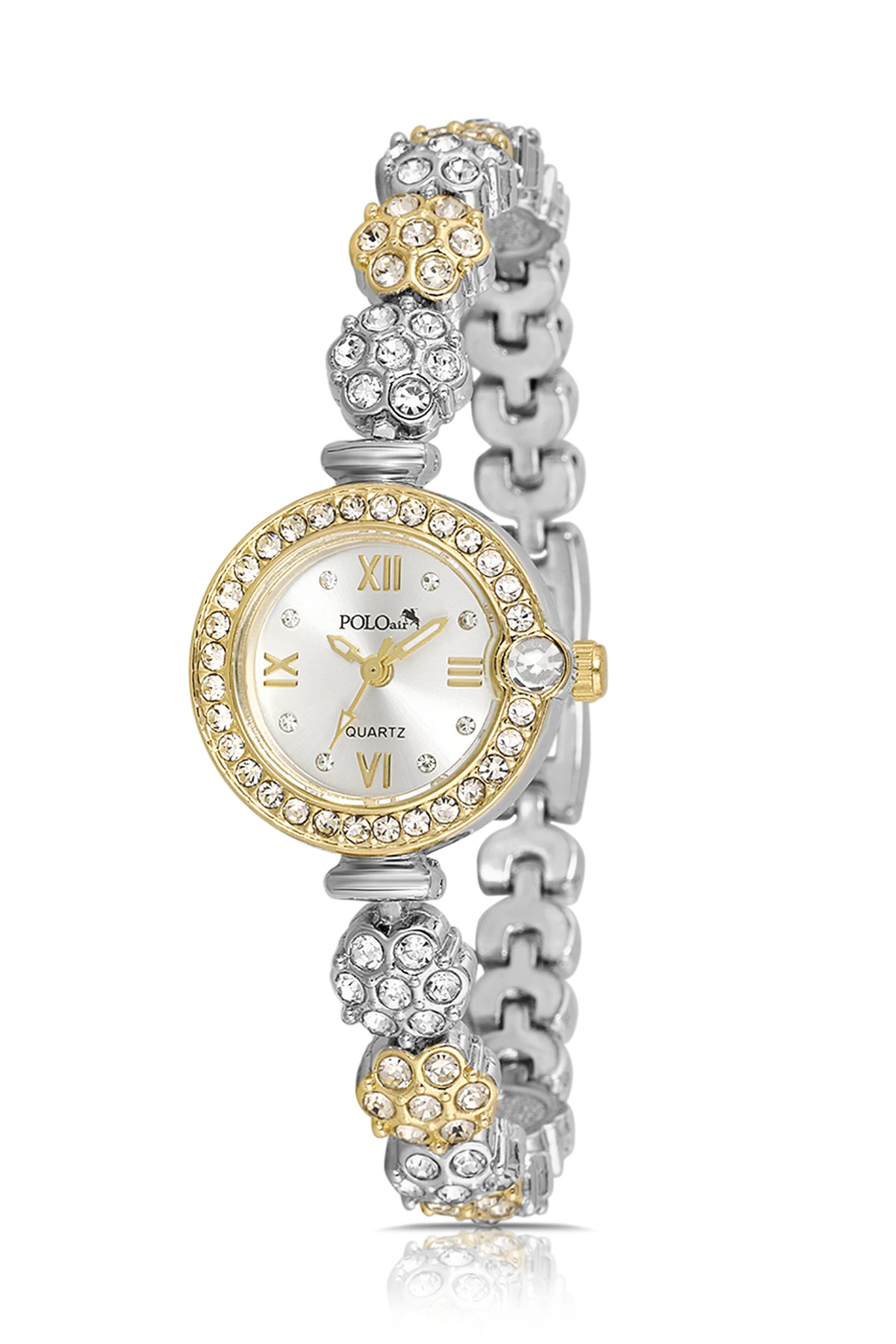 Lüx Taşlı Çiçek Desen Kordon Kadın Kol Saati Gold Gümüş Renk Pl-1584B3X Gold - Gümüş Pl-1584B3X