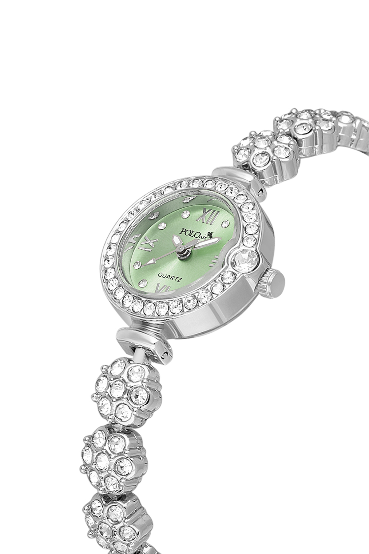 Lüx Taşlı Çiçek Desen Kordon Kadın Kol Saati Gümüş Yeşil Renk Pl-1584B5X Yeşil Pl-1584B5X
