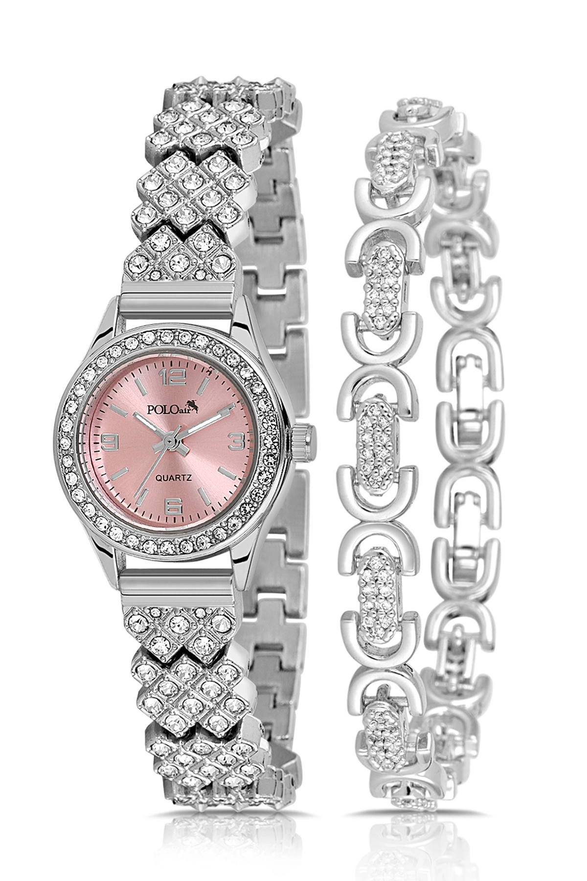 Lüx Taşlı Kadın Kol Saati Oval Bileklik Kombin Gümüş Pembe Renk Pl-1586B3 Pembe Pl-1586B3