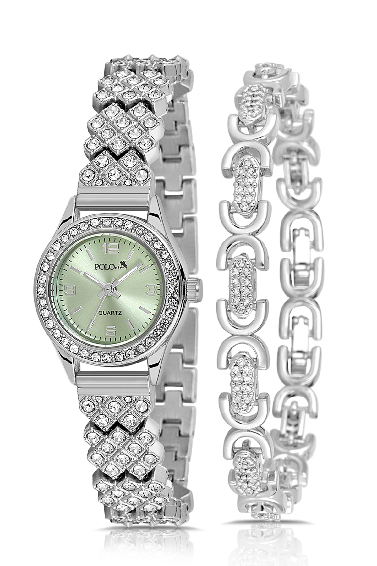 Lüx Taşlı Kadın Kol Saati Oval Bileklik Kombin Gümüş Yeşil Renk Pl-1586B4 Yeşil Pl-1586B4