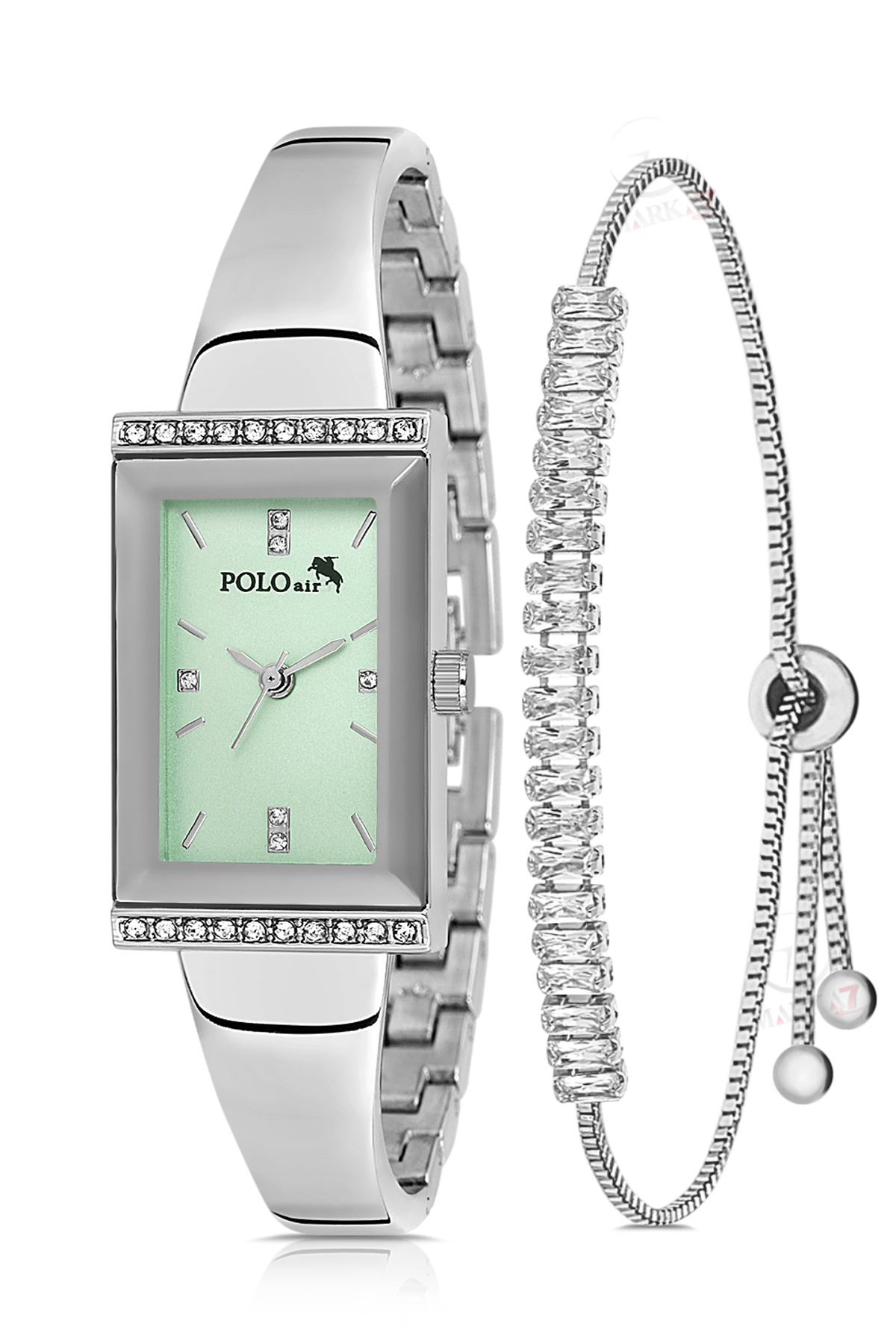Lüx Taşlı Kelepçe Kadın Kol Saati Zirkon Taşlı Baget Bileklik Kombin Gümüş Yeşil Renk Pl-1566B4 Yeşil Pl-1566B4