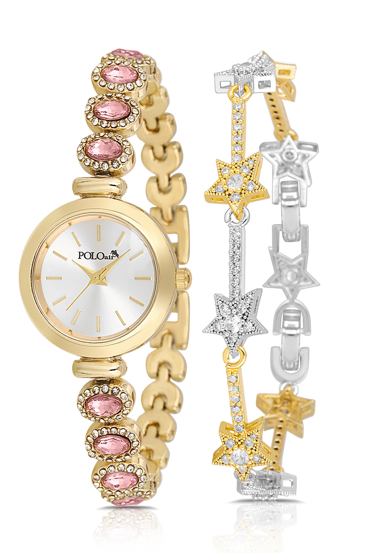 Lüx Taşlı Kordon Kadın Kol Saati Yıldız Bileklik Kombin Gold Pembe Renk Pl-1574B4 Pembe - Altın Pl-1574B4