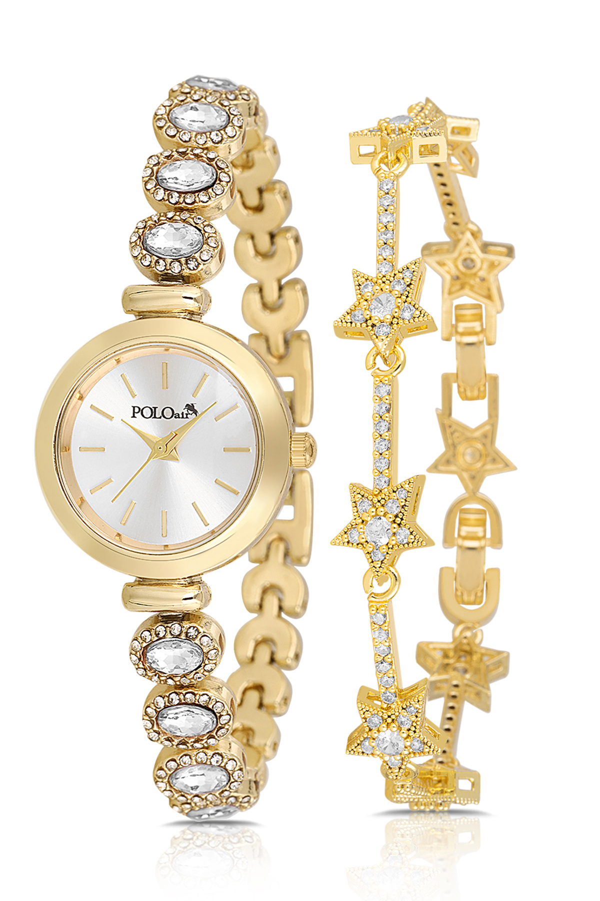 Lüx Taşlı Kordon Kadın Kol Saati Yıldız Bileklik Kombin Gold Renk Pl-1574B1 Altın Pl-1574B1