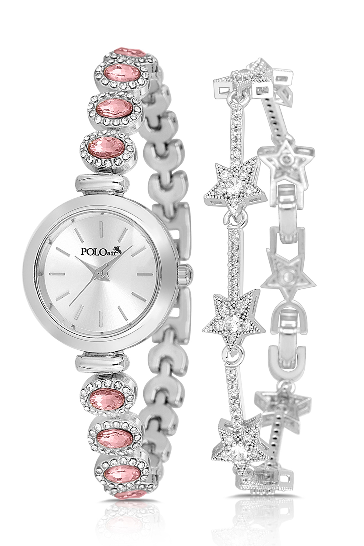 Lüx Taşlı Kordon Kadın Kol Saati Yıldız Bileklik Kombin Gümüş Pembe Renk Pl-1574B3 Gümüş Pl-1574B3