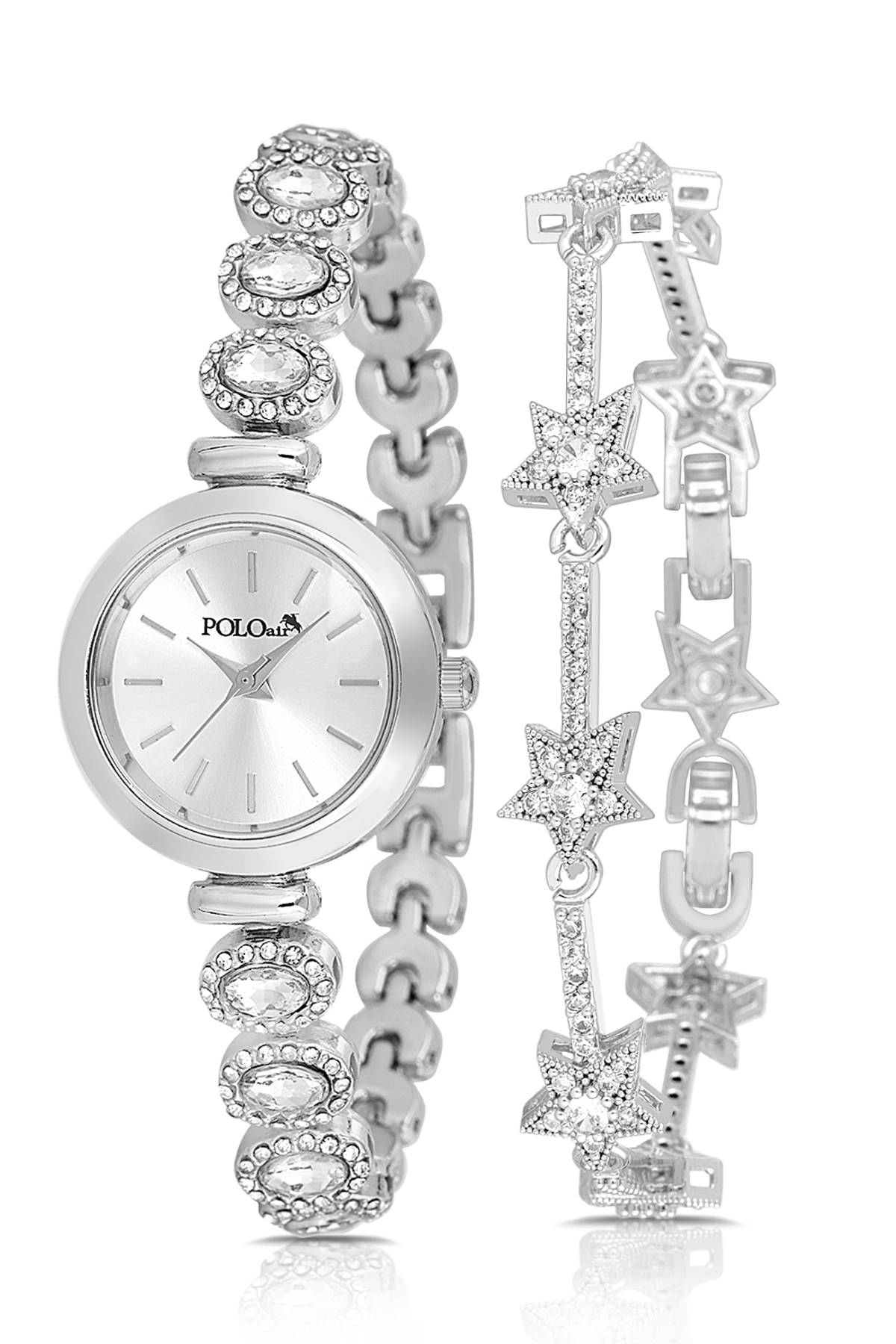 Lüx Taşlı Kordon Kadın Kol Saati Yıldız Bileklik Kombin Gümüş Renk Pl-1574B2 Gümüş Pl-1574B2