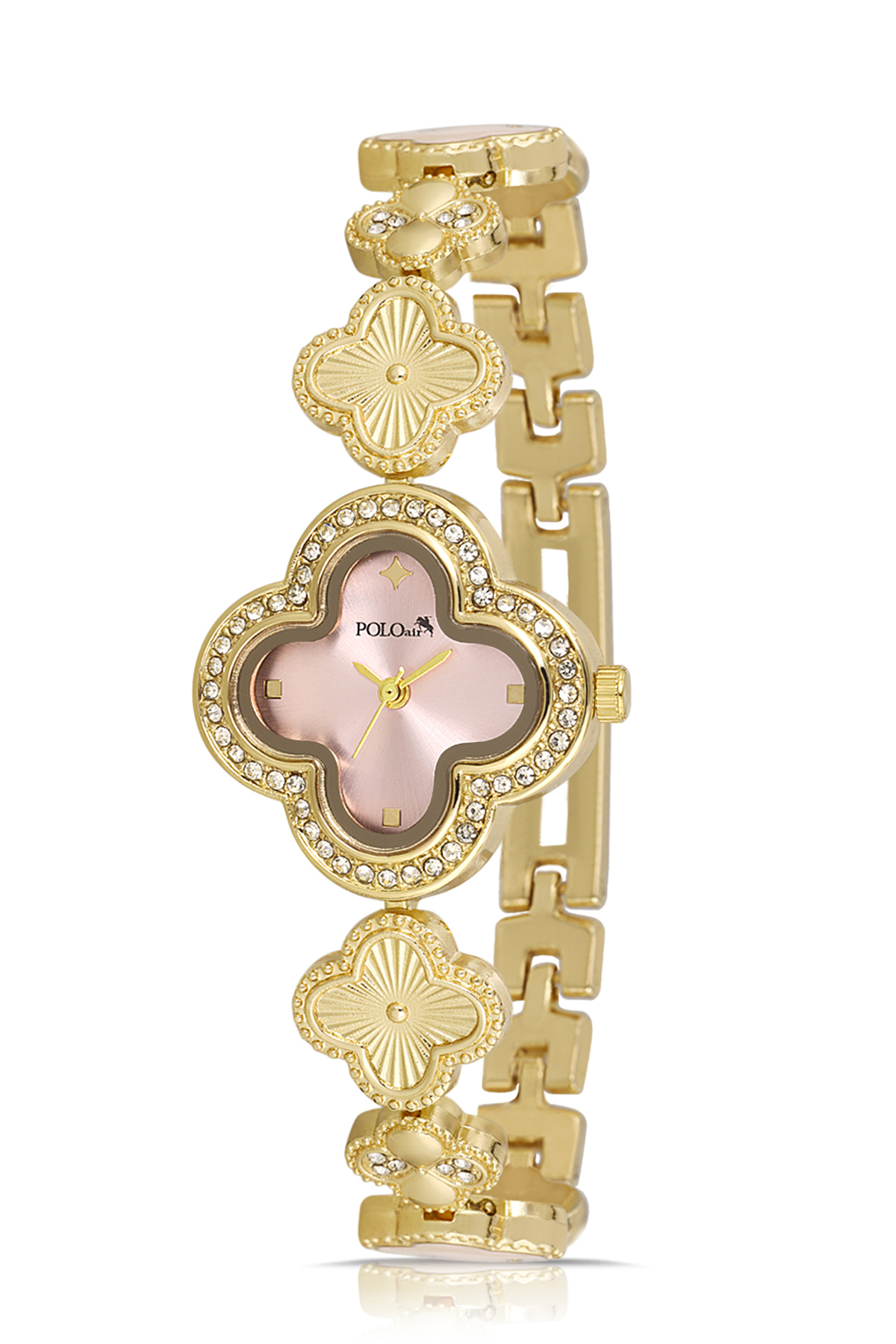 Lüx Taşlı Yonca Desenli Kadın Kol Saati Gold Pembe Renk Pl-1560B3X Pembe Pl-1560B3X