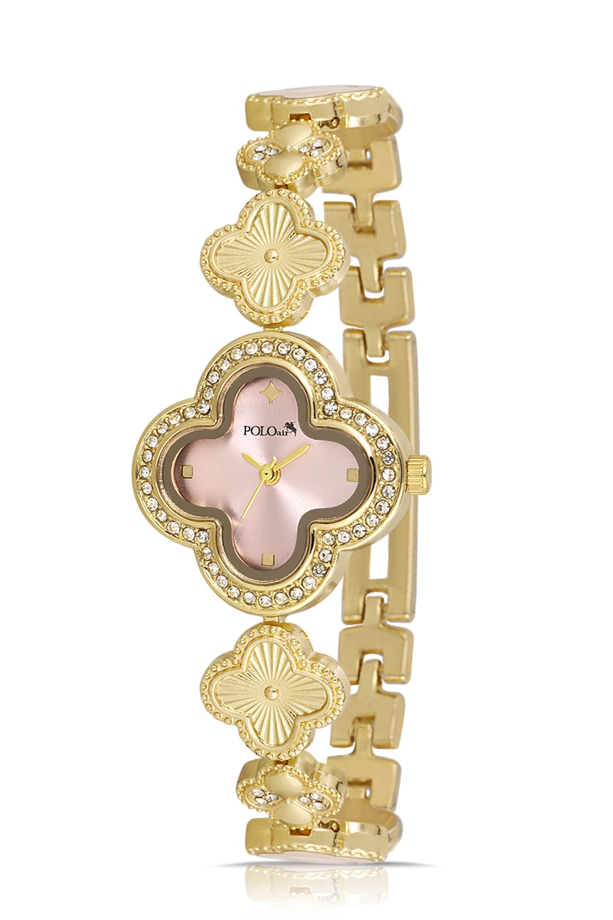 Lüx Taşlı Yonca Desenli Kadın Kol Saati Gold Pembe Renk Pl-1560B3X Pembe Pl-1560B3X