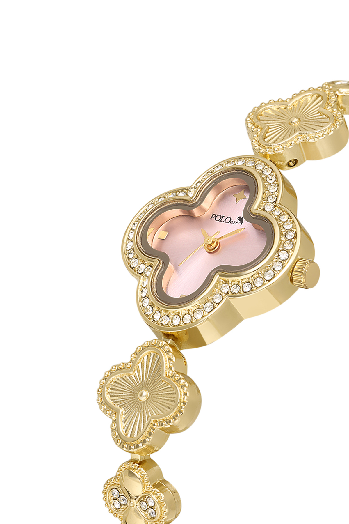 Lüx Taşlı Yonca Desenli Kadın Kol Saati Gold Pembe Renk Pl-1560B3X Pembe Pl-1560B3X