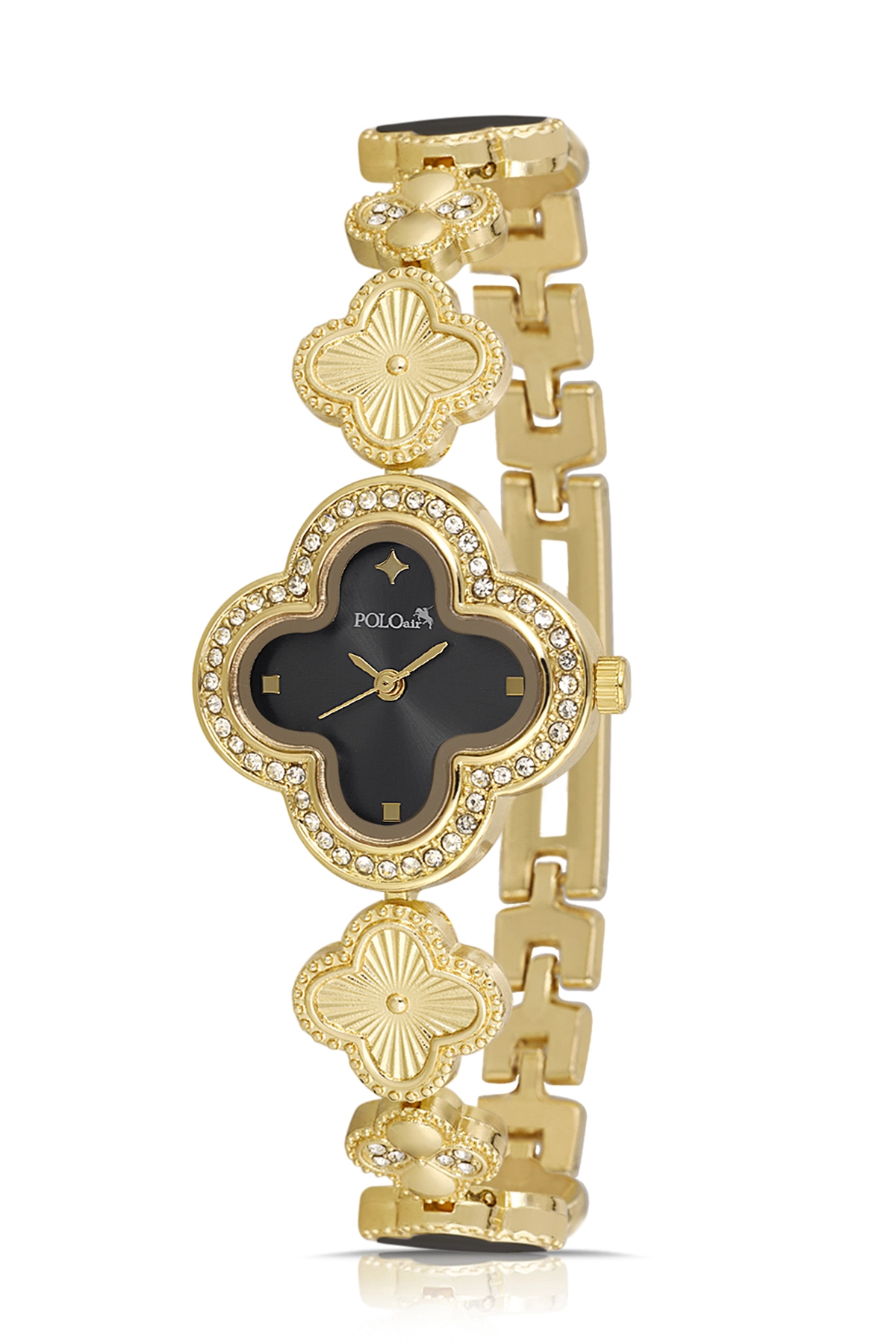 Lüx Taşlı Yonca Desenli Kadın Kol Saati Gold Siyah Renk Pl-1560B5X Siyah Pl-1560B5X