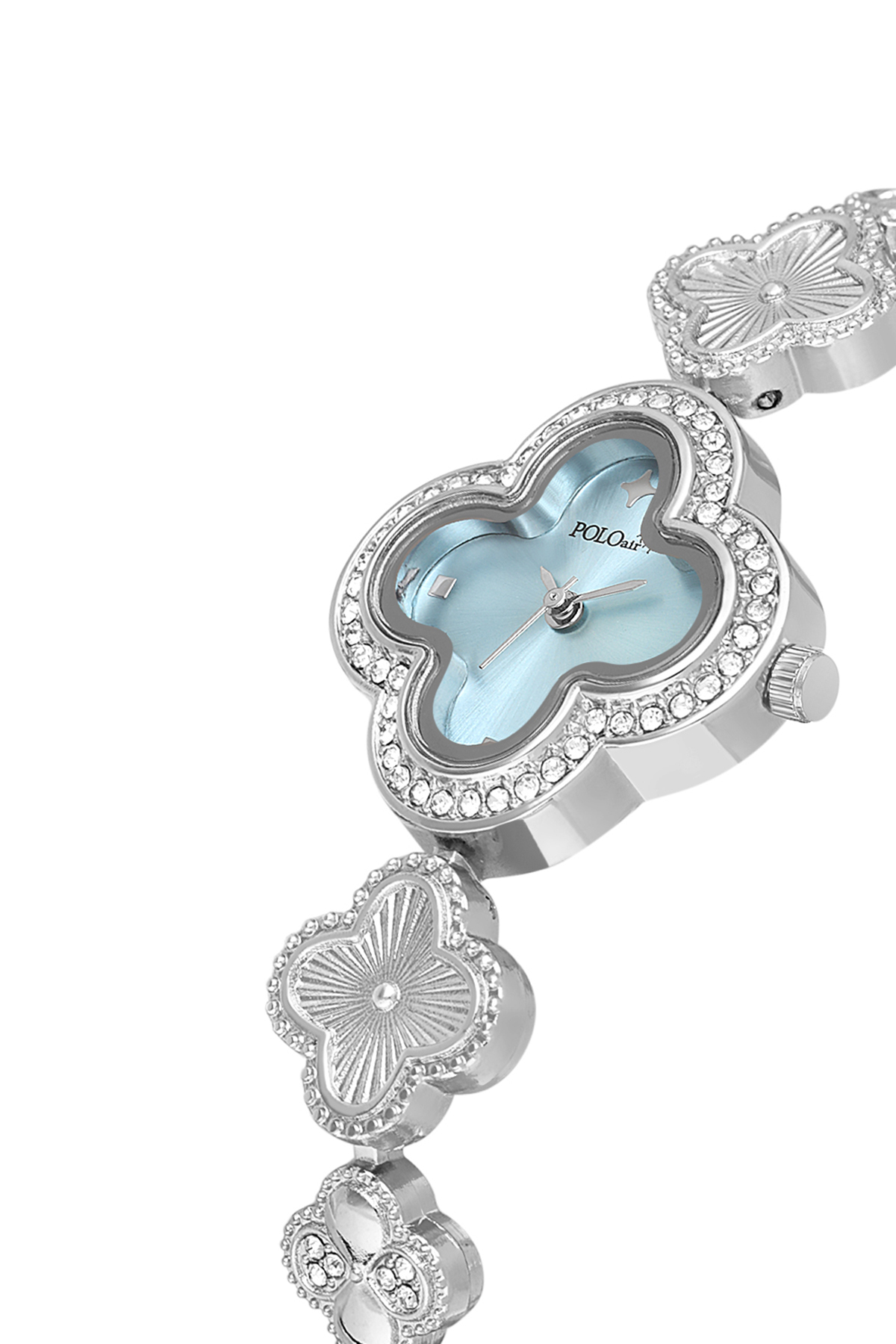 Lüx Taşlı Yonca Desenli Kadın Kol Saati Gümüş Açık Mavi Renk Pl-1560B4X Mavi Pl-1560B4X