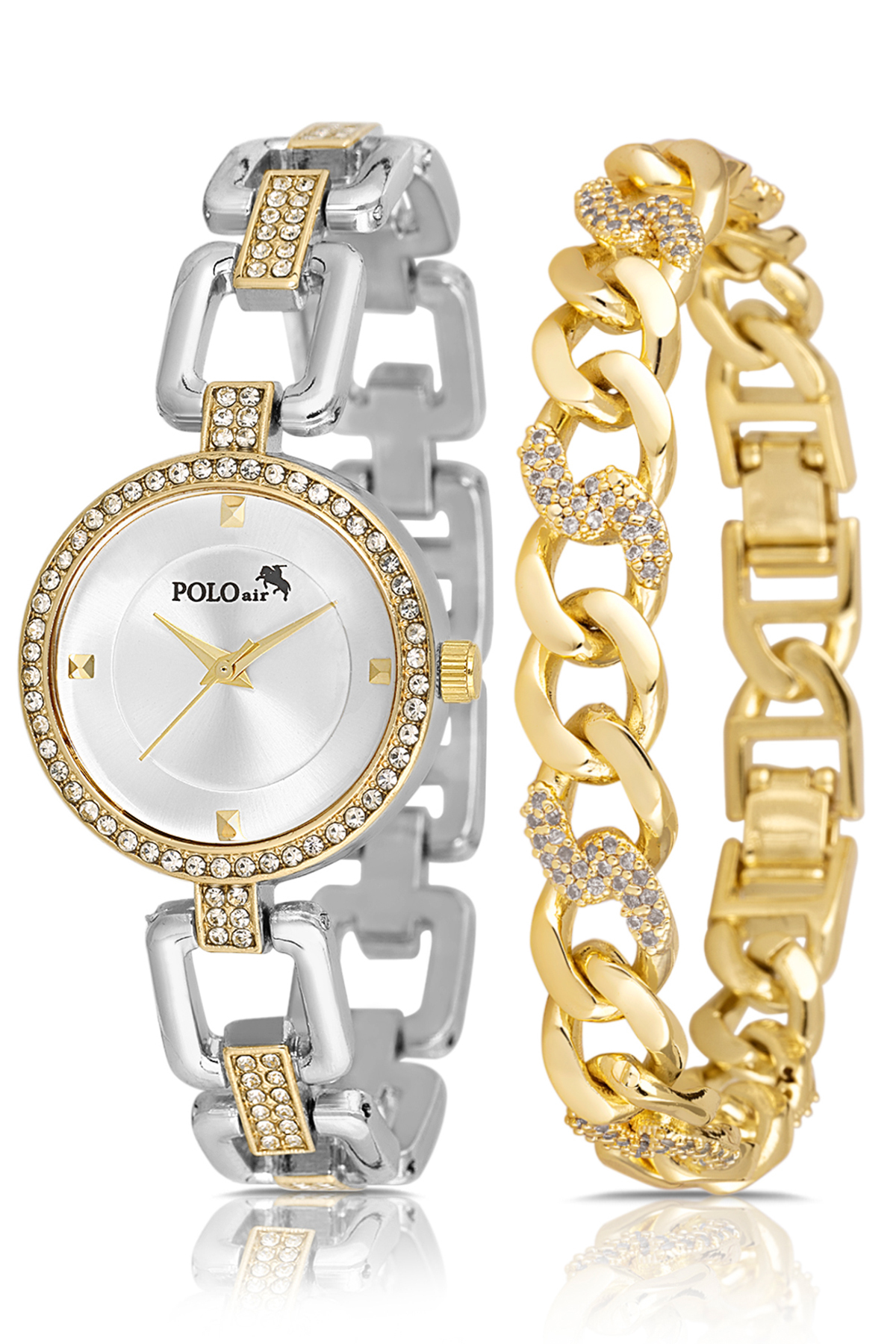 Lüx Taşlı Zincir Kordon Kadın Kol Saati Halka Bileklik Gümüş Gold Renk Pl-1572B3 Altın - Gümüş Pl-1572B3
